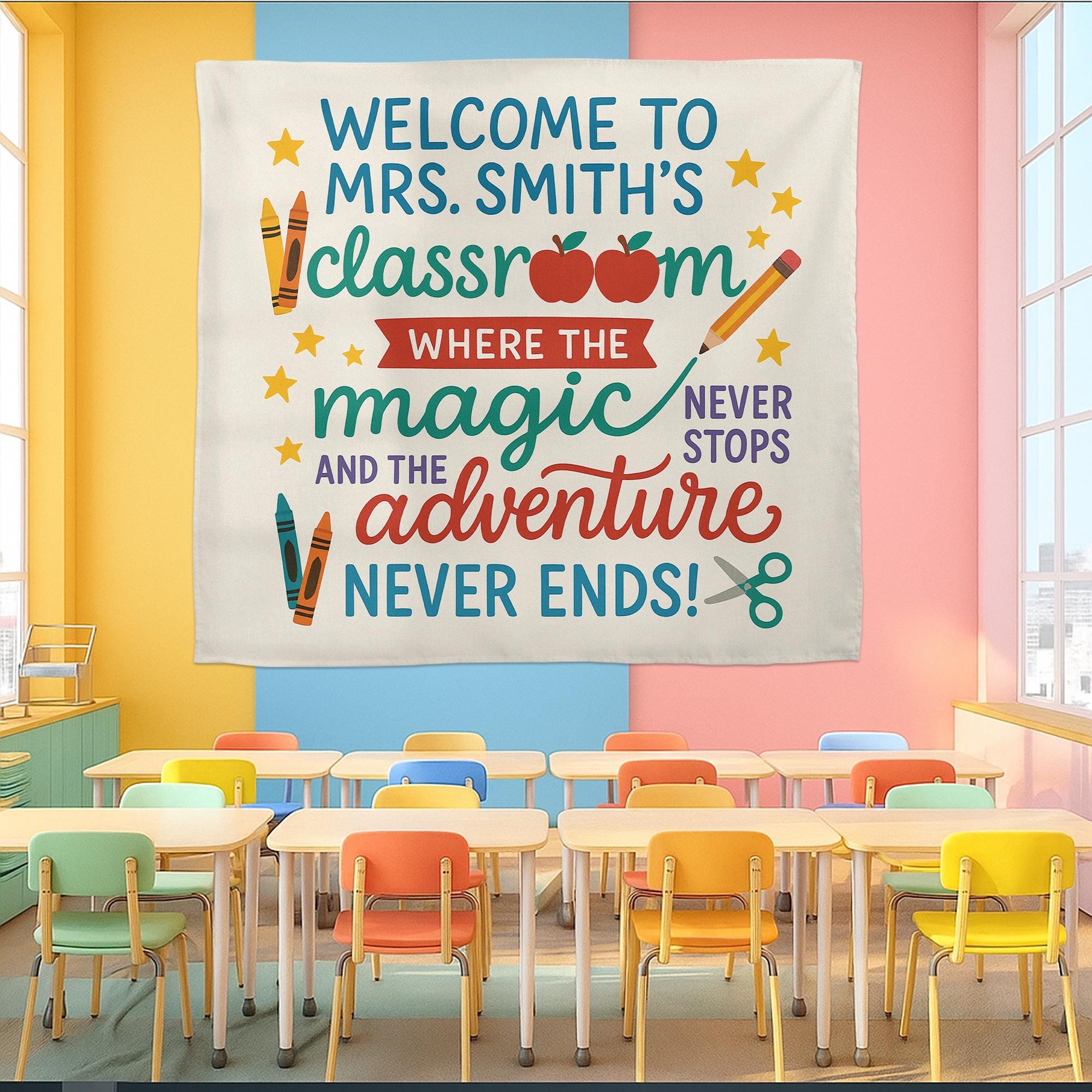 Welcome to Classroom Tapestry, Teacher Magic Adventure Sign, Personalized Classroom Wall Banner, Back to School Teacher Decor