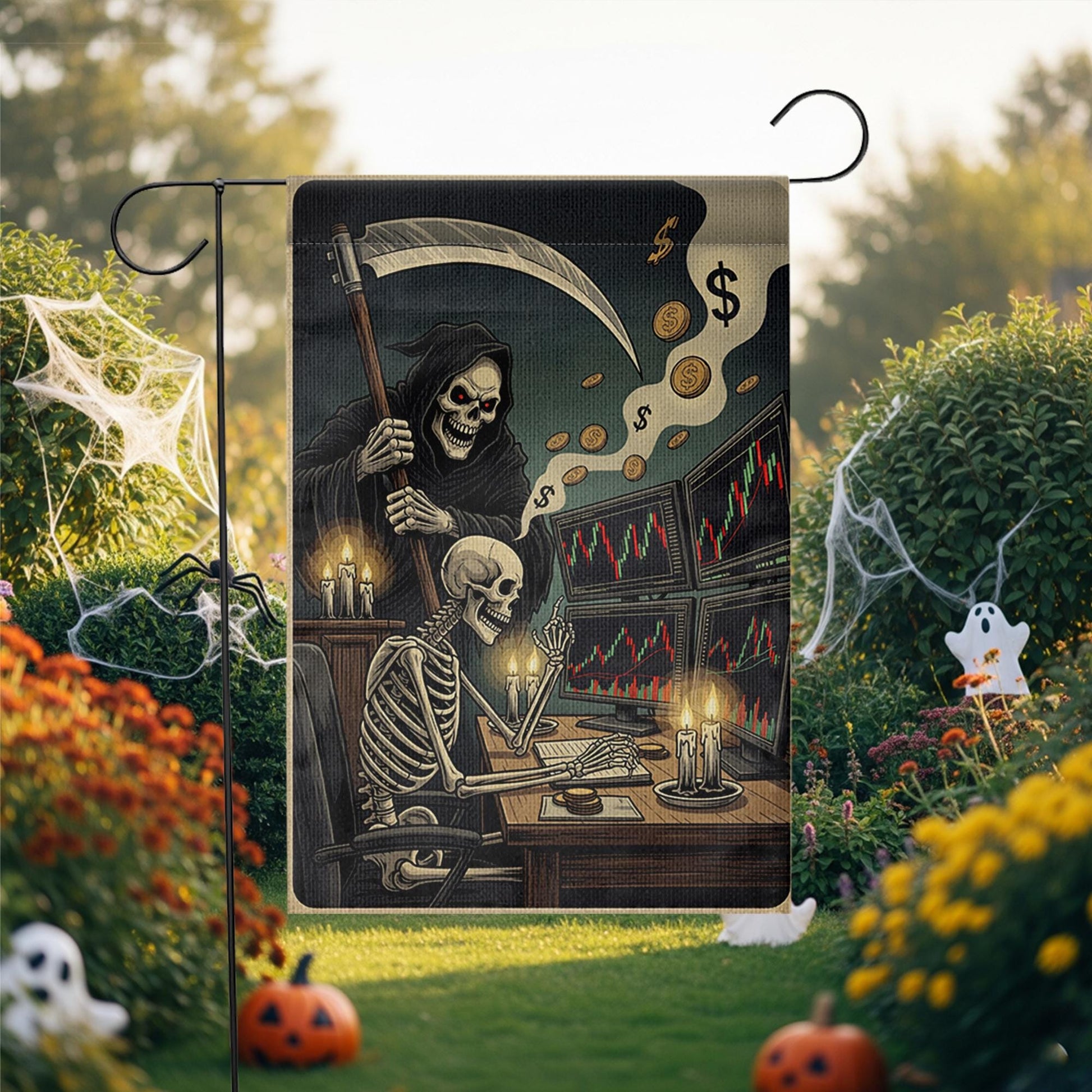 Funny Stock Market Halloween Garden Flag – Skeleton Trader & Grim Reaper Candlelight Office – Spooky Wall Street Finance Yard Decor