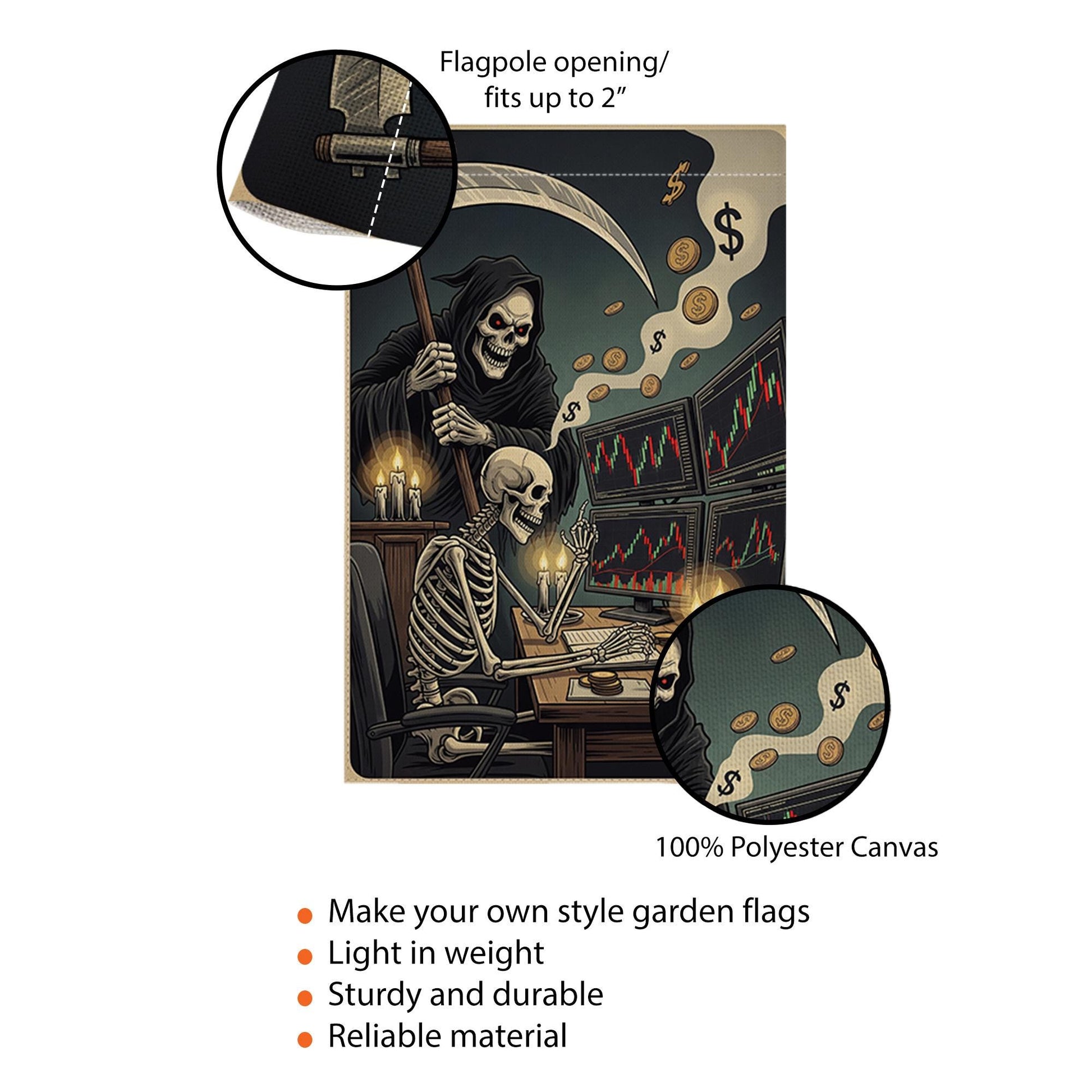 Funny Stock Market Halloween Garden Flag – Skeleton Trader & Grim Reaper Candlelight Office – Spooky Wall Street Finance Yard Decor