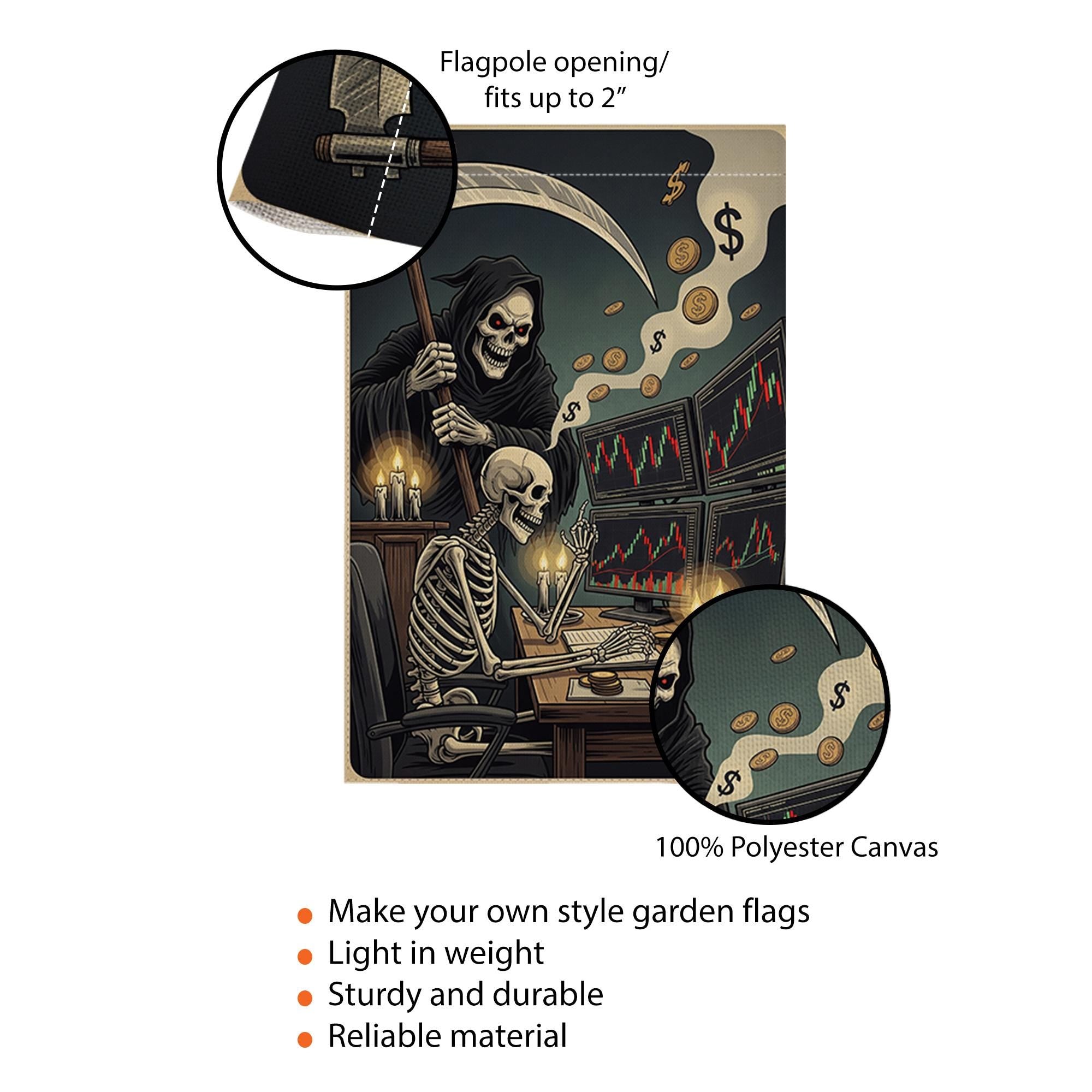 Funny Stock Market Halloween Garden Flag – Skeleton Trader & Grim Reaper Candlelight Office – Spooky Wall Street Finance Yard Decor