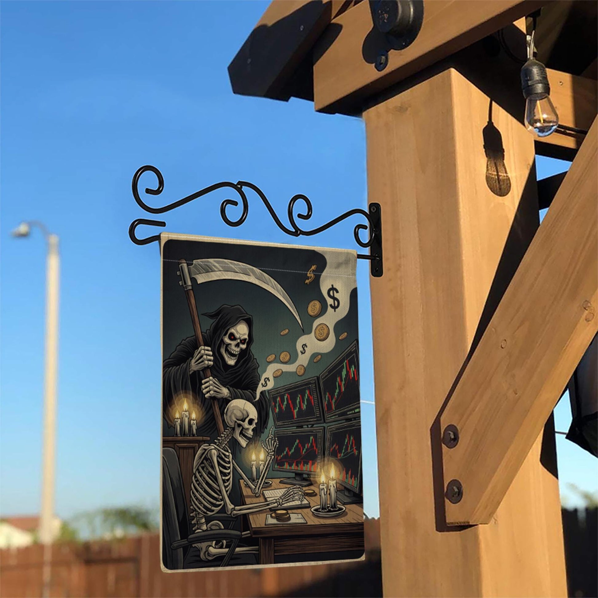 Funny Stock Market Halloween Garden Flag – Skeleton Trader & Grim Reaper Candlelight Office – Spooky Wall Street Finance Yard Decor