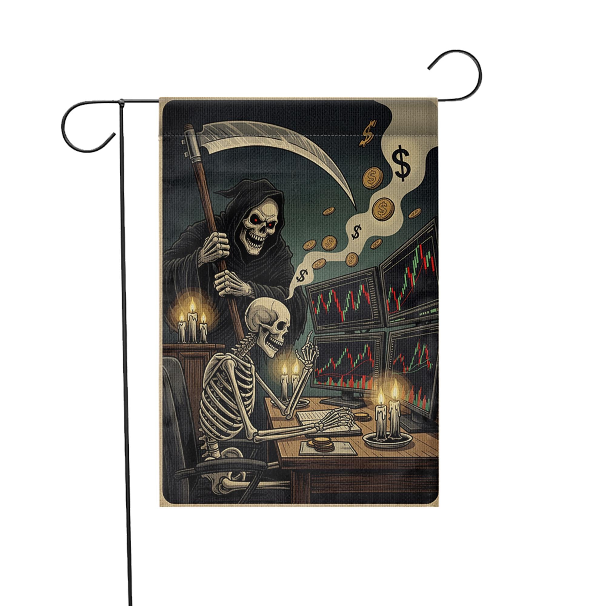 Funny Stock Market Halloween Garden Flag – Skeleton Trader & Grim Reaper Candlelight Office – Spooky Wall Street Finance Yard Decor