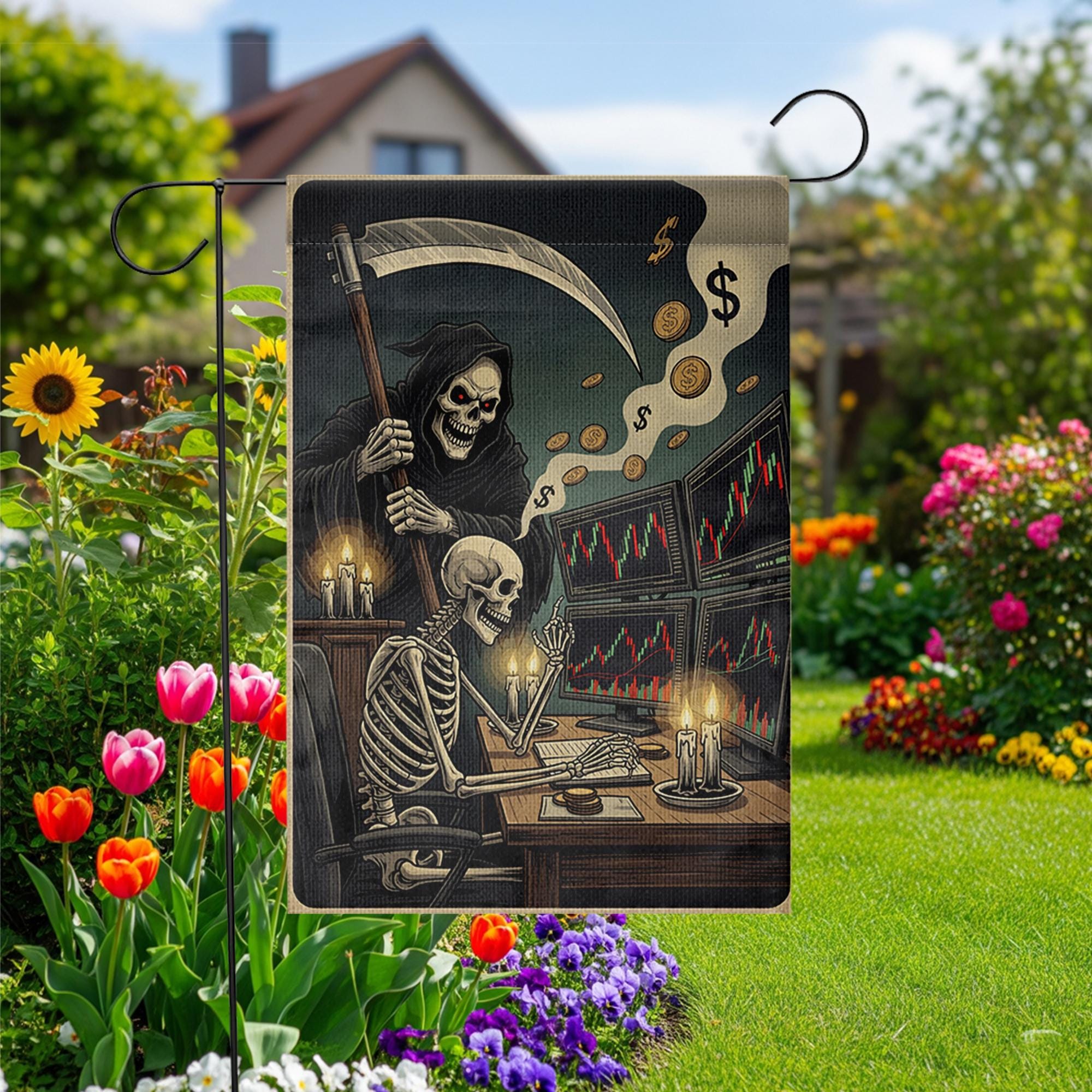 Funny Stock Market Halloween Garden Flag – Skeleton Trader & Grim Reaper Candlelight Office – Spooky Wall Street Finance Yard Decor