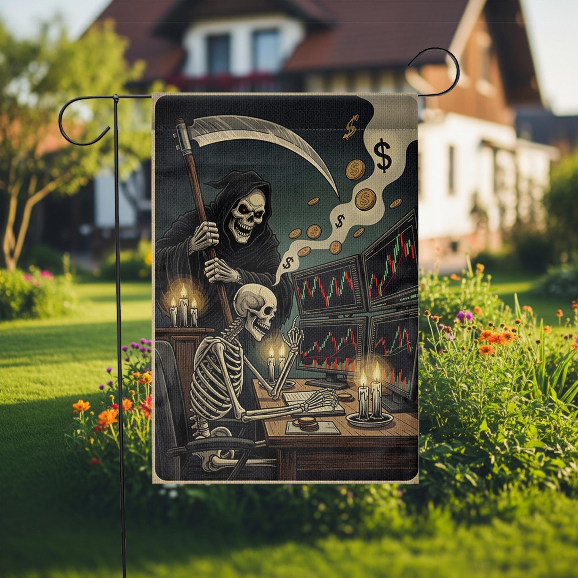 Funny Stock Market Halloween Garden Flag – Skeleton Trader & Grim Reaper Candlelight Office – Spooky Wall Street Finance Yard Decor