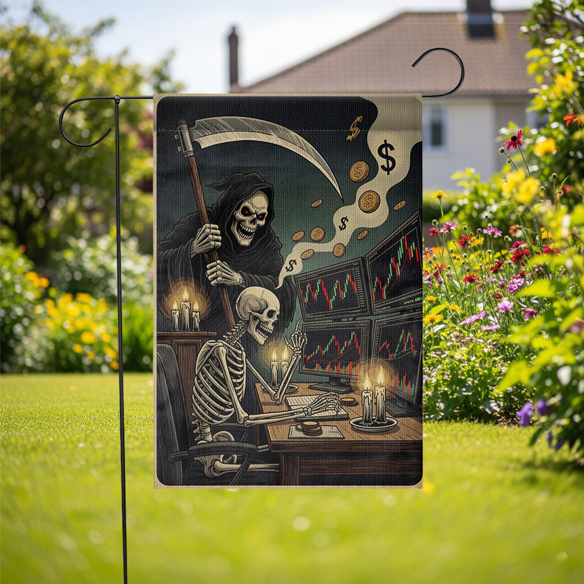 Funny Stock Market Halloween Garden Flag – Skeleton Trader & Grim Reaper Candlelight Office – Spooky Wall Street Finance Yard Decor