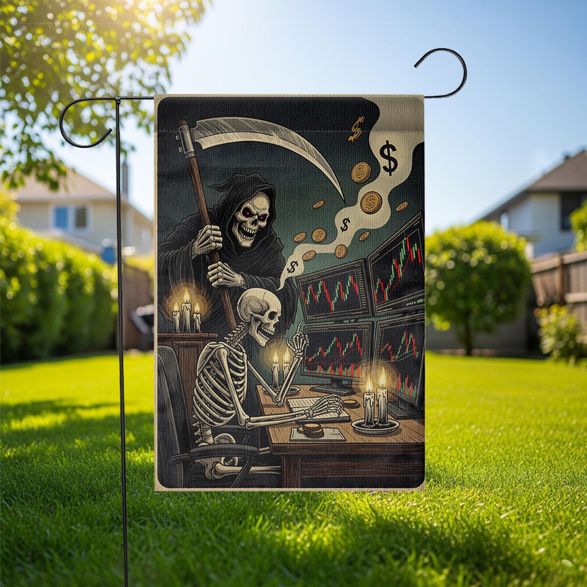 Funny Stock Market Halloween Garden Flag – Skeleton Trader & Grim Reaper Candlelight Office – Spooky Wall Street Finance Yard Decor