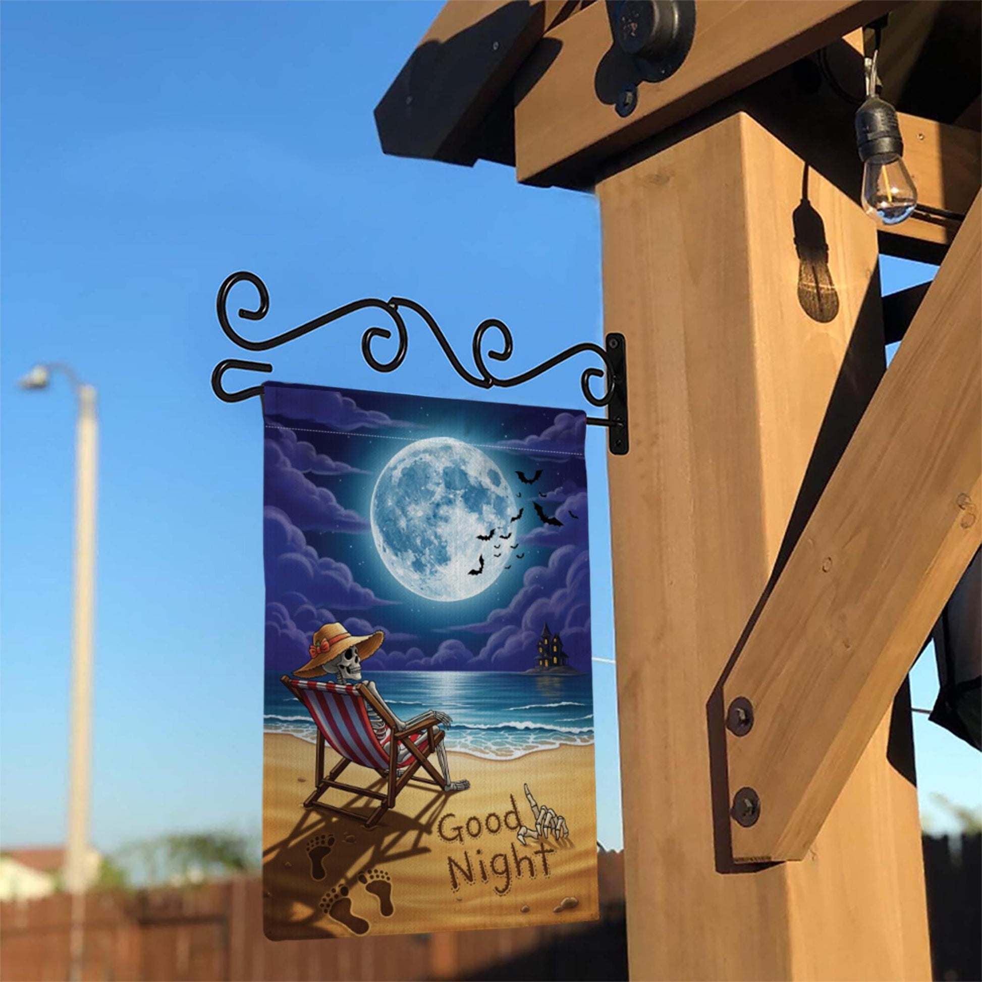 Good Night Skeleton Beach Garden Flag – Spooky Halloween Moonlight Decor for Yard or Patio – Funny Skeleton on Vacation Outdoor Sign