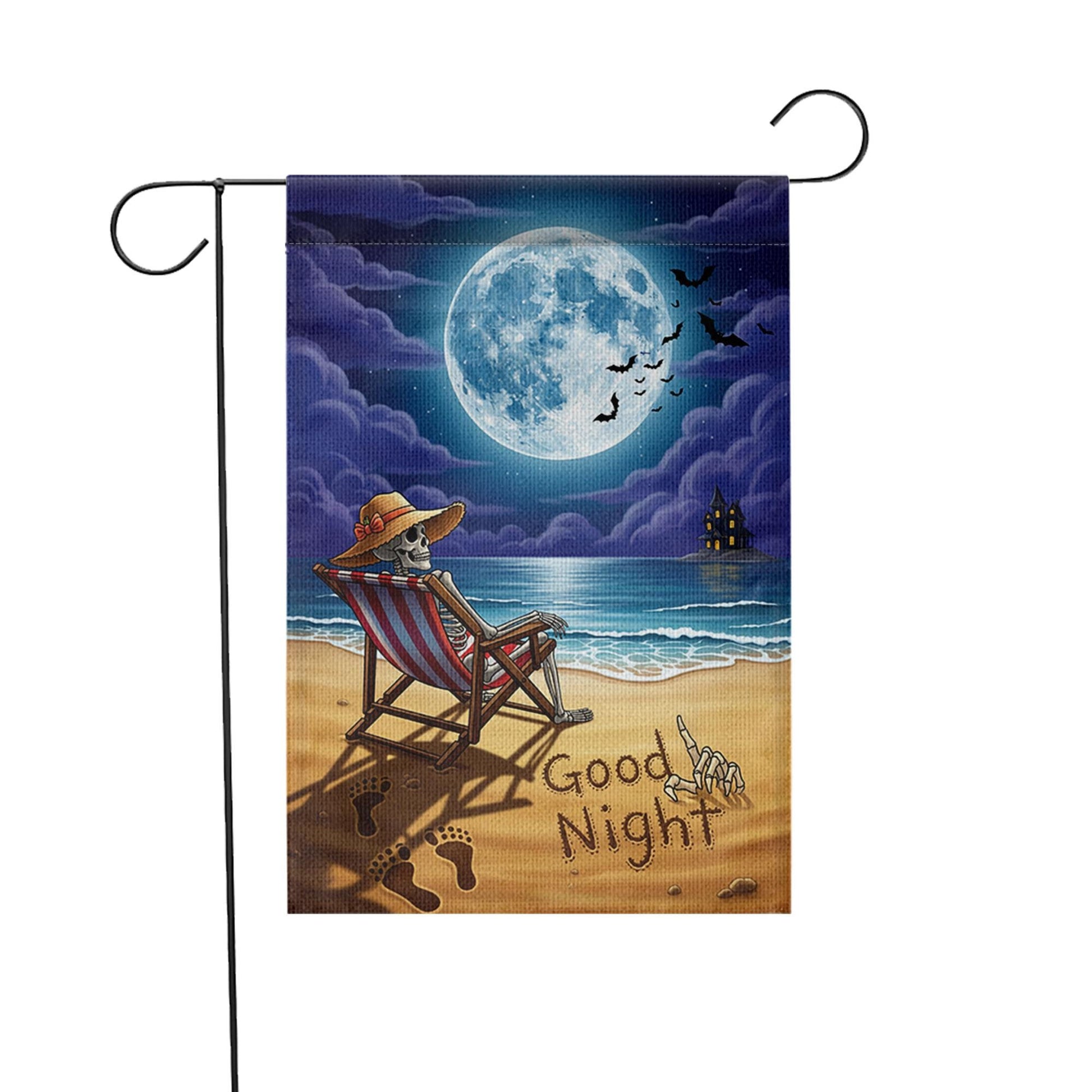 Good Night Skeleton Beach Garden Flag – Spooky Halloween Moonlight Decor for Yard or Patio – Funny Skeleton on Vacation Outdoor Sign