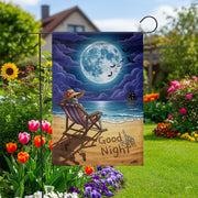 Good Night Skeleton Beach Garden Flag – Spooky Halloween Moonlight Decor for Yard or Patio – Funny Skeleton on Vacation Outdoor Sign