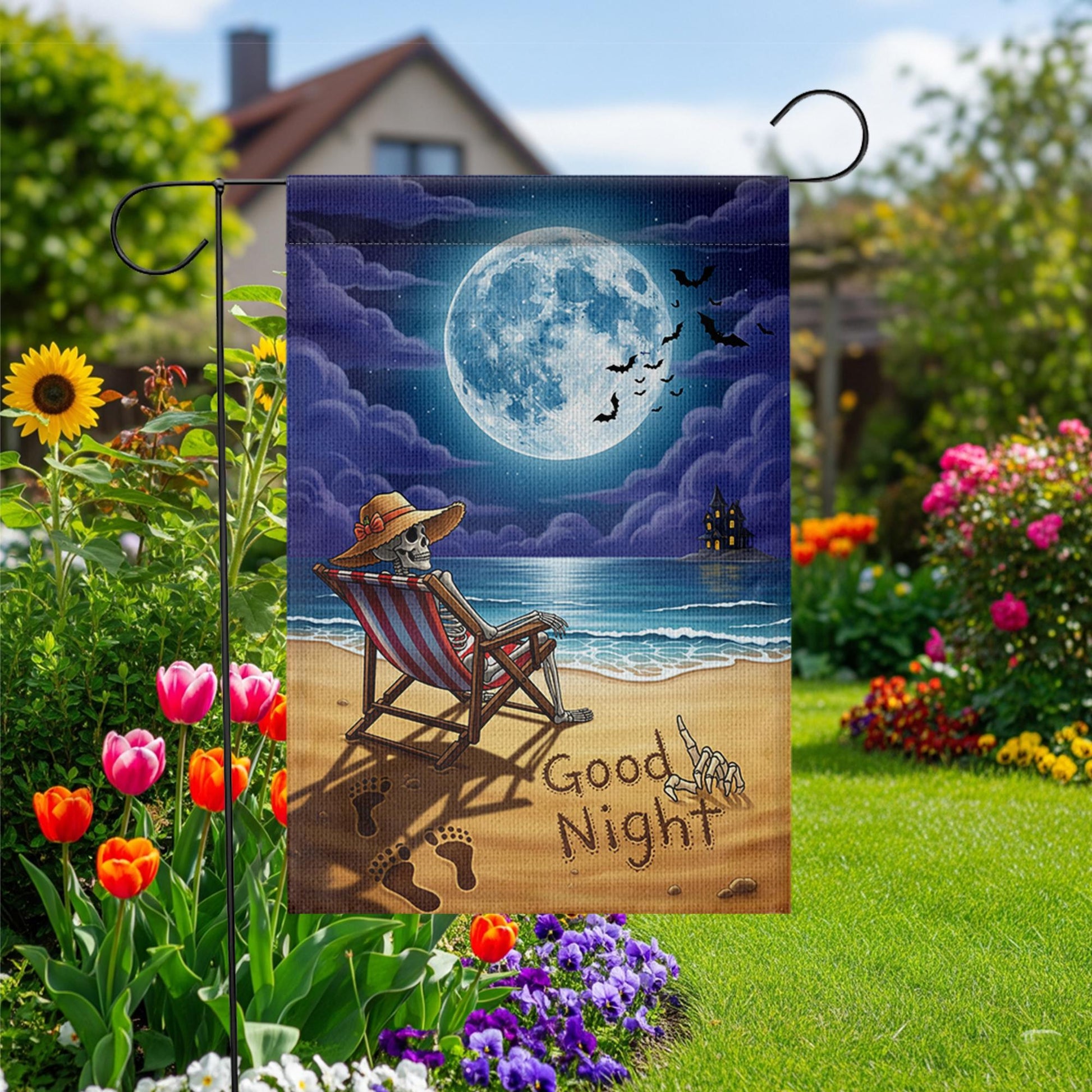 Good Night Skeleton Beach Garden Flag – Spooky Halloween Moonlight Decor for Yard or Patio – Funny Skeleton on Vacation Outdoor Sign