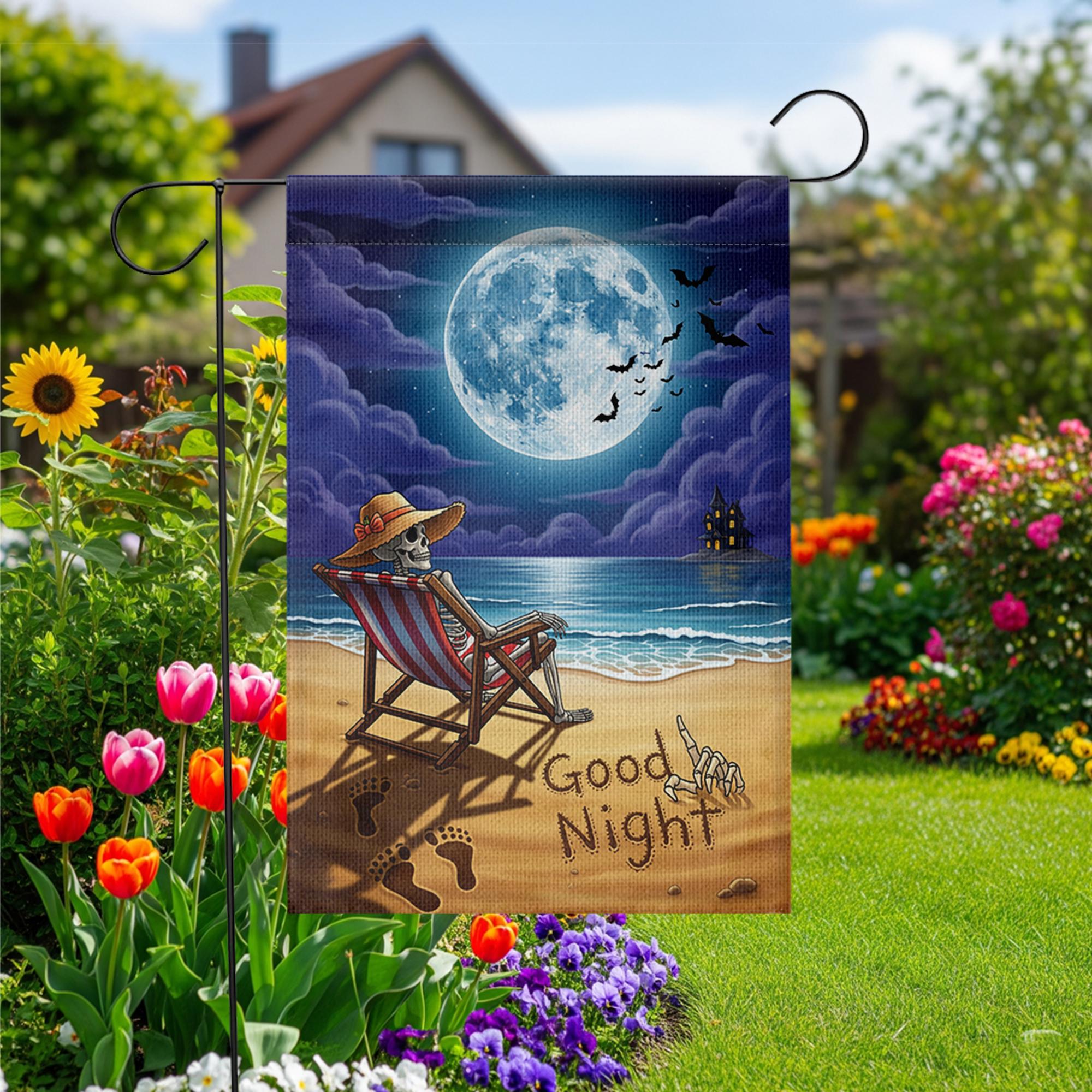 Good Night Skeleton Beach Garden Flag – Spooky Halloween Moonlight Decor for Yard or Patio – Funny Skeleton on Vacation Outdoor Sign
