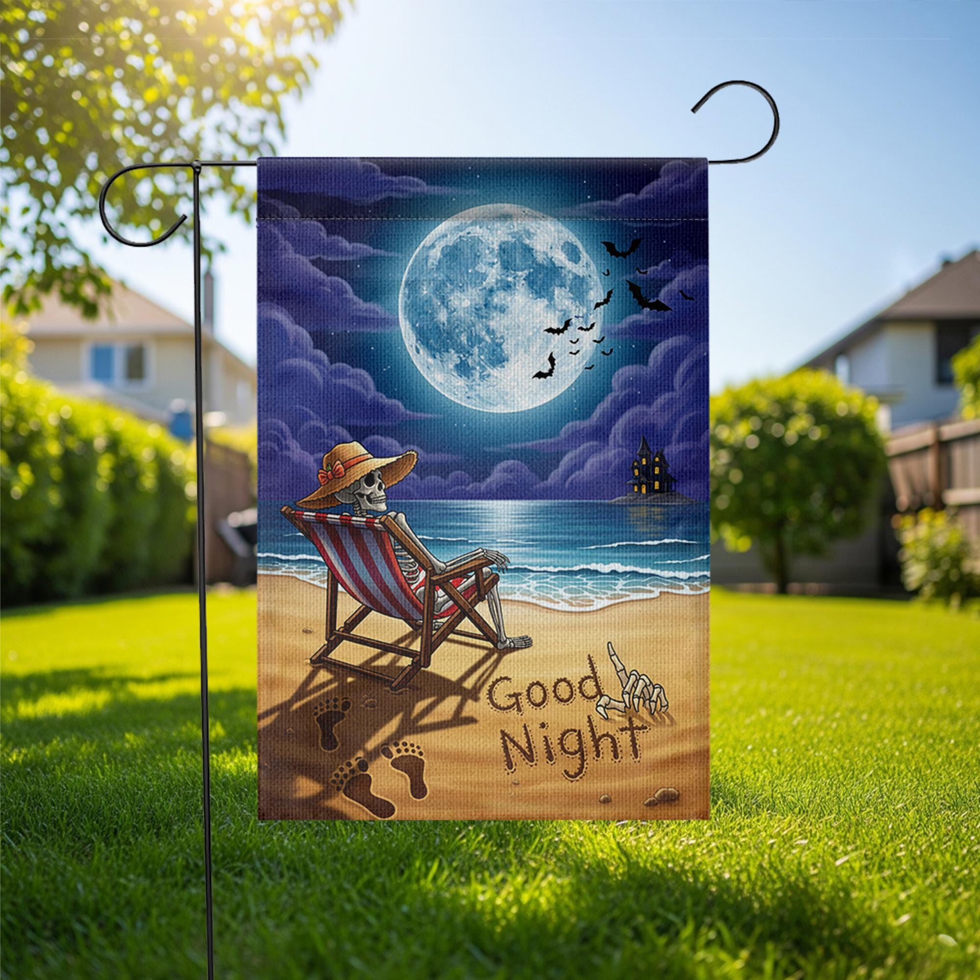 Good Night Skeleton Beach Garden Flag – Spooky Halloween Moonlight Decor for Yard or Patio – Funny Skeleton on Vacation Outdoor Sign