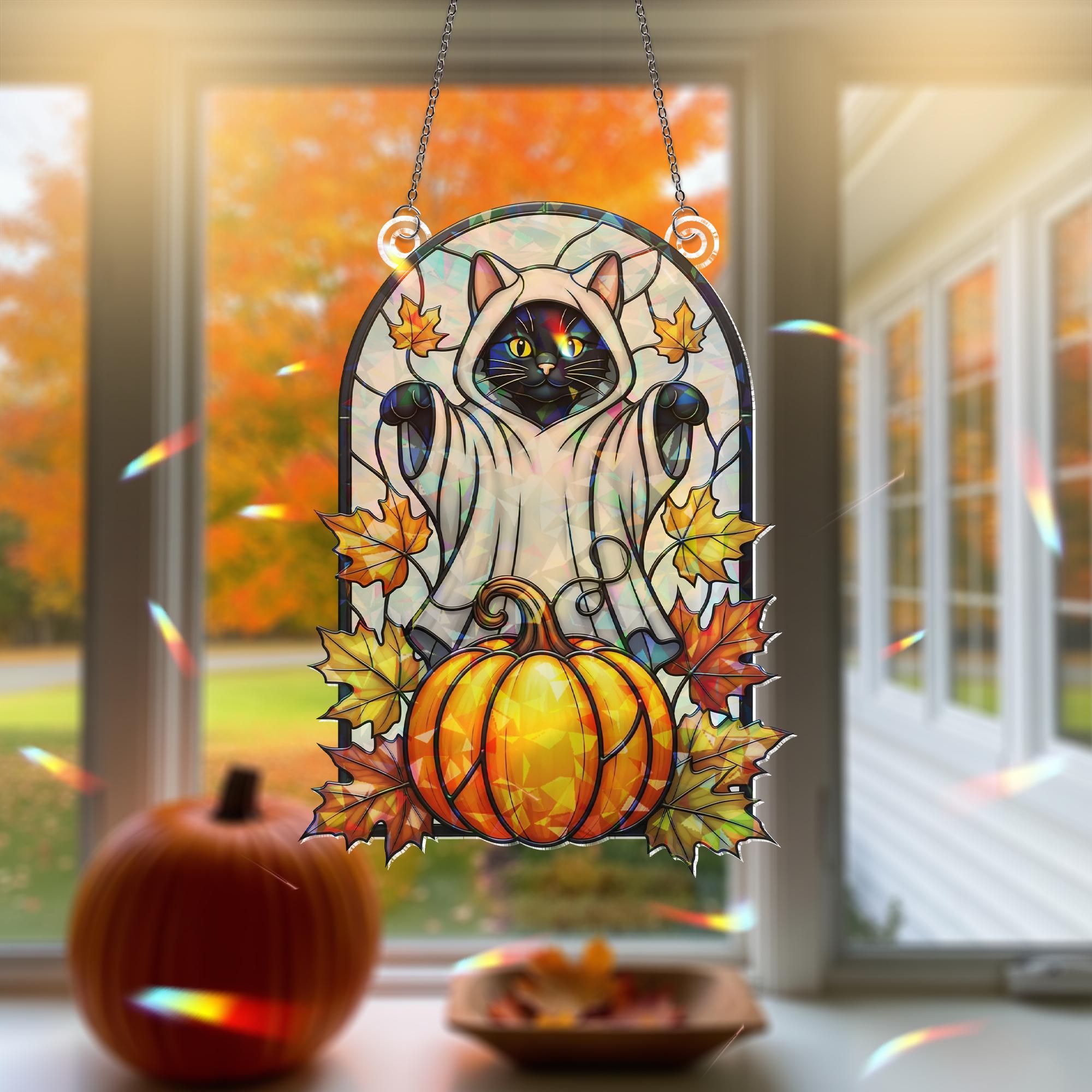 Halloween Black Cat Ghost Hologram Window Decor – Black Cat Window Hanging with Pumpkin, Fall Leaves, Spooky Cute Cat Decor, Cat Home Decor