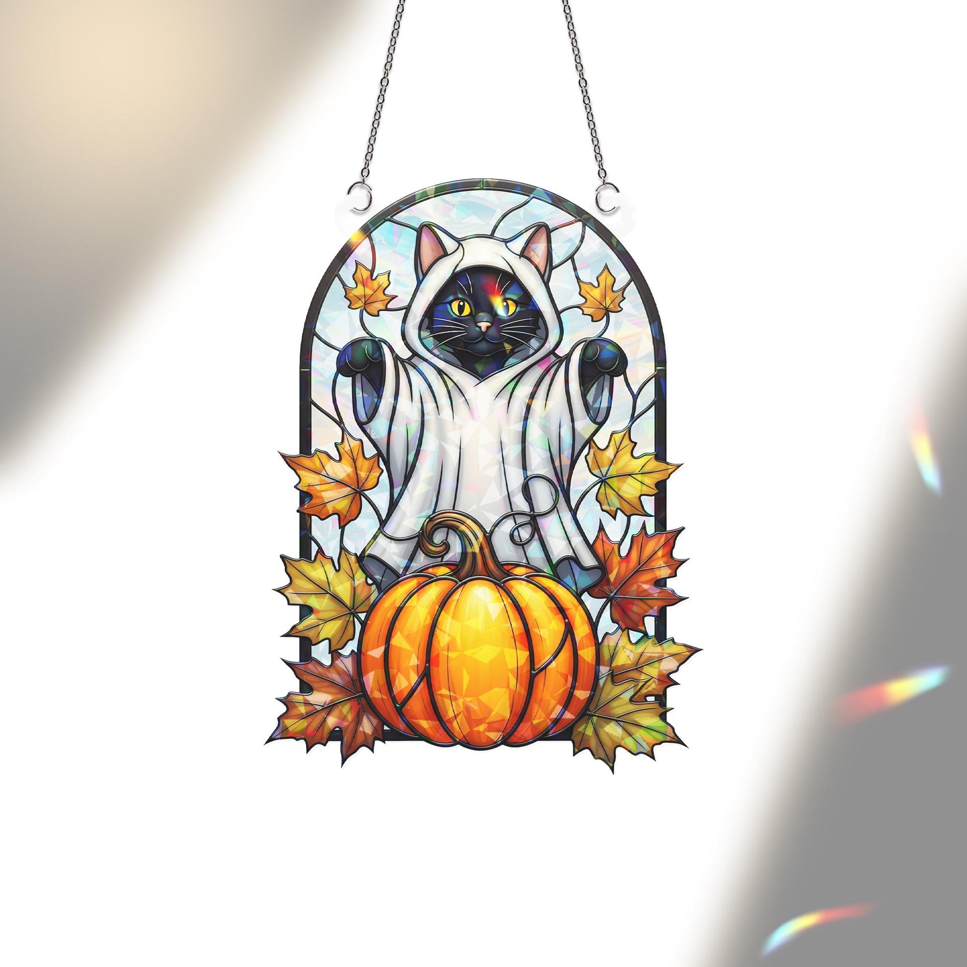 Halloween Black Cat Ghost Hologram Window Decor – Black Cat Window Hanging with Pumpkin, Fall Leaves, Spooky Cute Cat Decor, Cat Home Decor