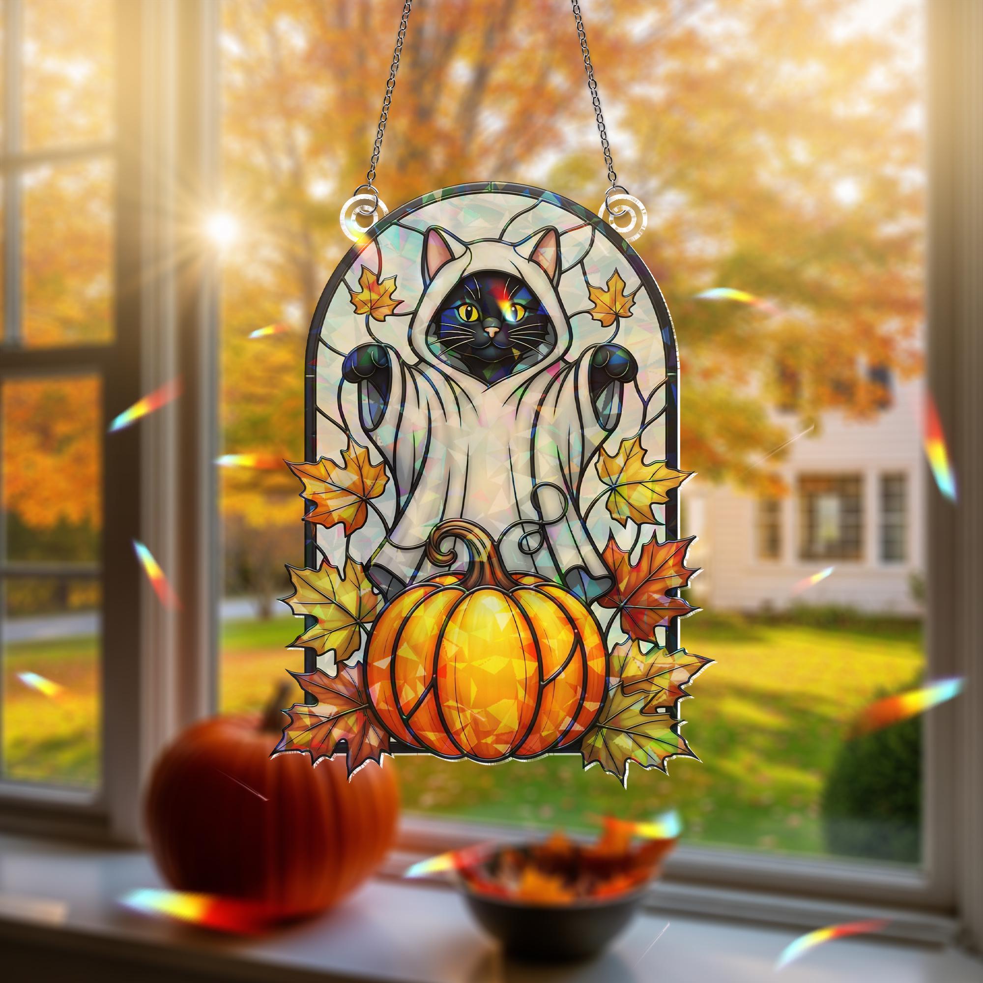 Halloween Black Cat Ghost Hologram Window Decor – Black Cat Window Hanging with Pumpkin, Fall Leaves, Spooky Cute Cat Decor, Cat Home Decor