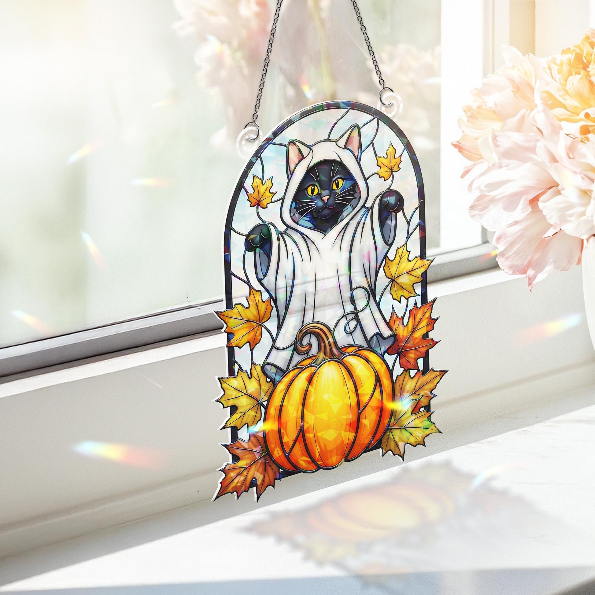 Halloween Black Cat Ghost Hologram Window Decor – Black Cat Window Hanging with Pumpkin, Fall Leaves, Spooky Cute Cat Decor, Cat Home Decor