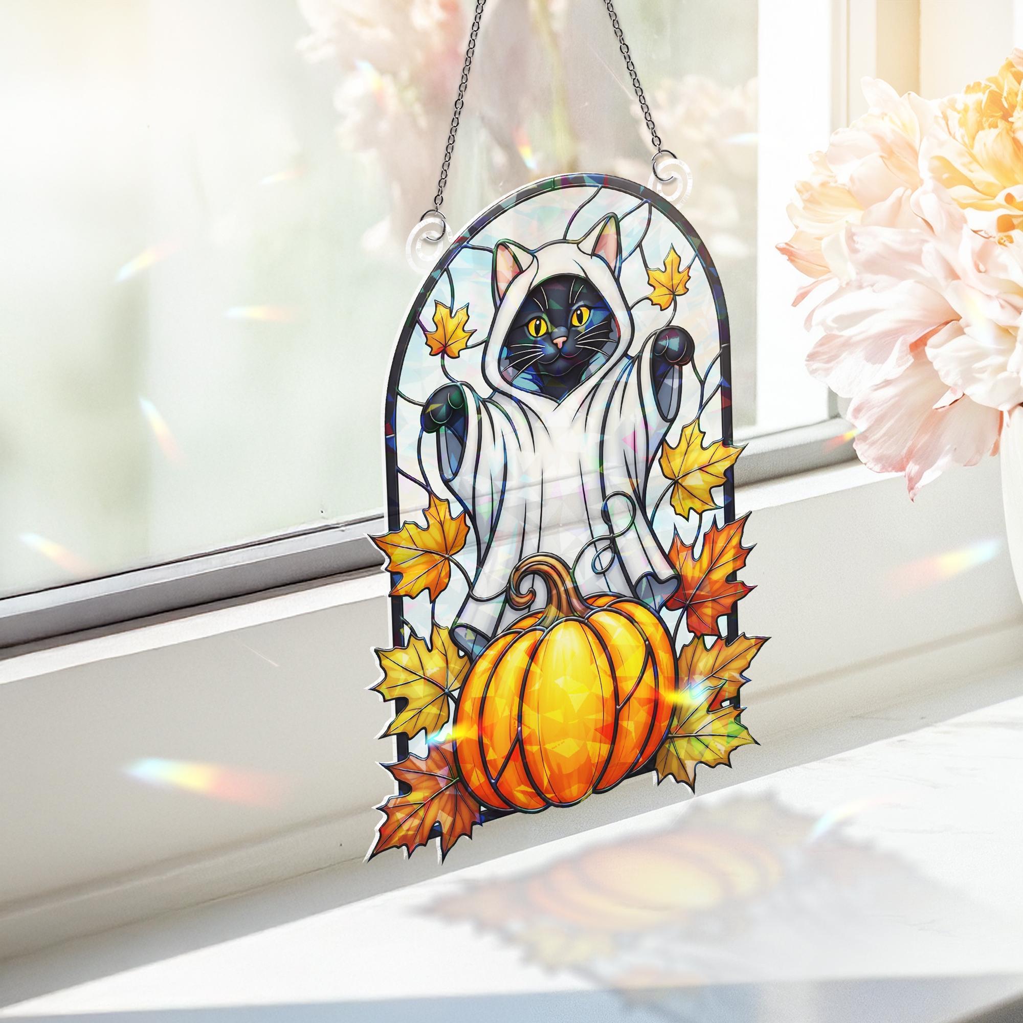 Halloween Black Cat Ghost Hologram Window Decor – Black Cat Window Hanging with Pumpkin, Fall Leaves, Spooky Cute Cat Decor, Cat Home Decor