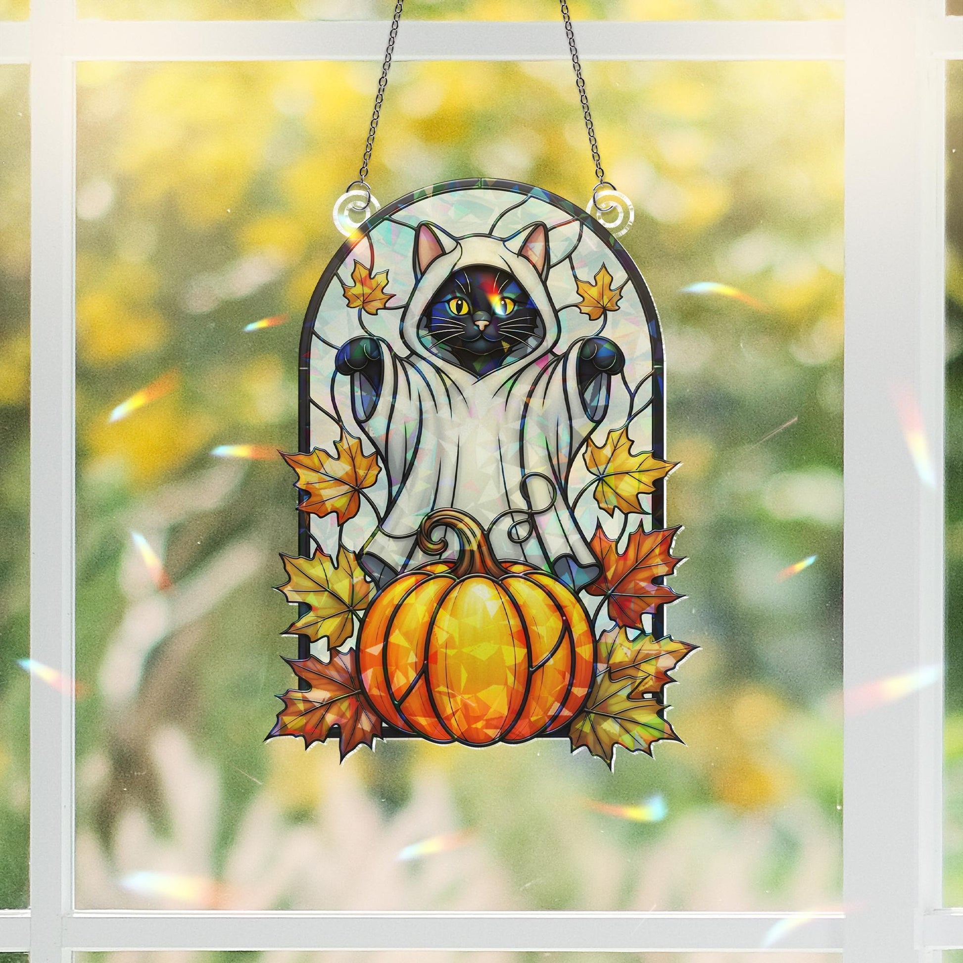Halloween Black Cat Ghost Hologram Window Decor – Black Cat Window Hanging with Pumpkin, Fall Leaves, Spooky Cute Cat Decor, Cat Home Decor
