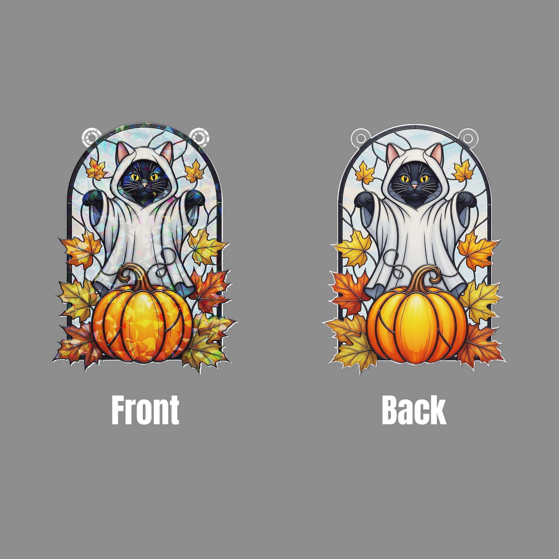 Halloween Black Cat Ghost Hologram Window Decor – Black Cat Window Hanging with Pumpkin, Fall Leaves, Spooky Cute Cat Decor, Cat Home Decor