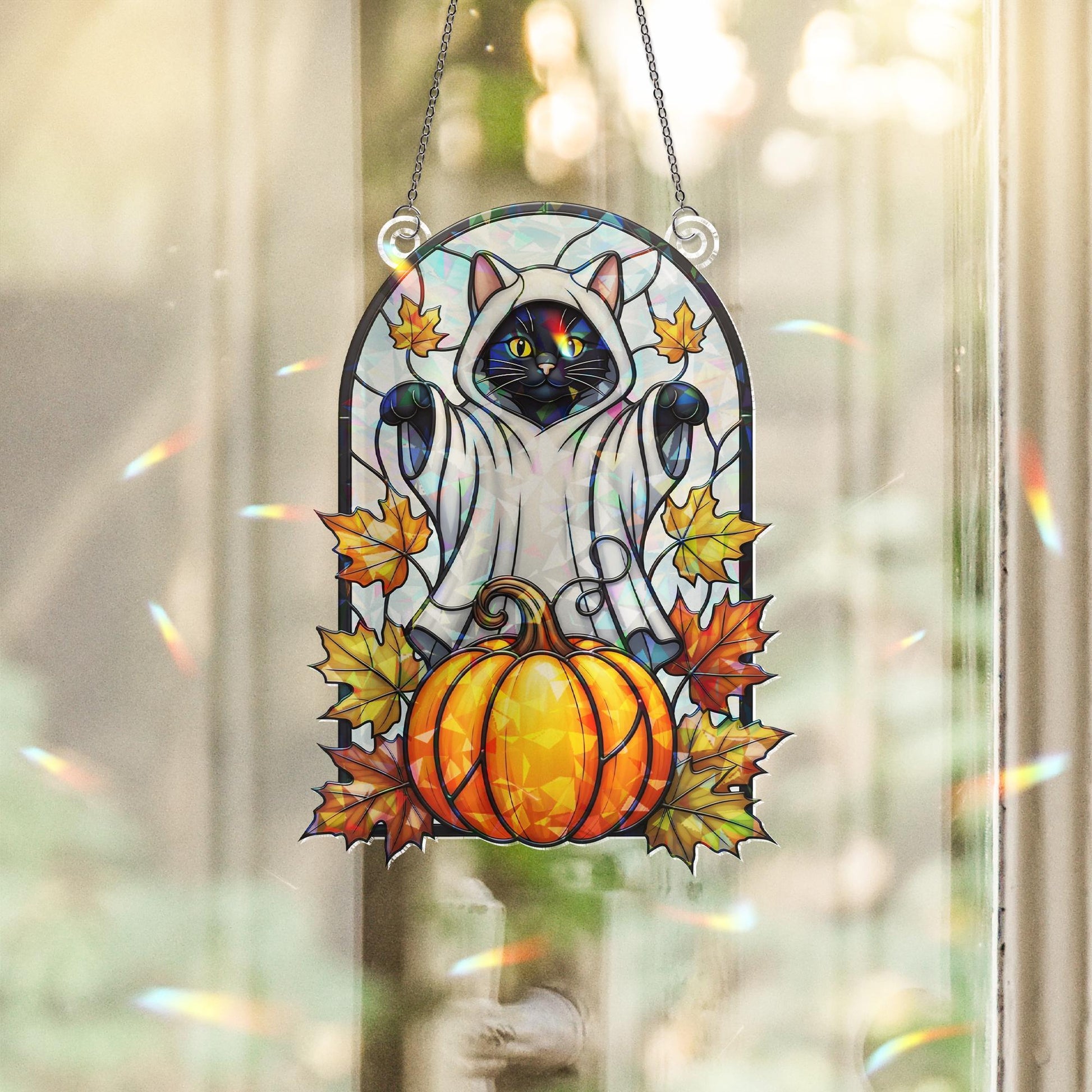 Halloween Black Cat Ghost Hologram Window Decor – Black Cat Window Hanging with Pumpkin, Fall Leaves, Spooky Cute Cat Decor, Cat Home Decor