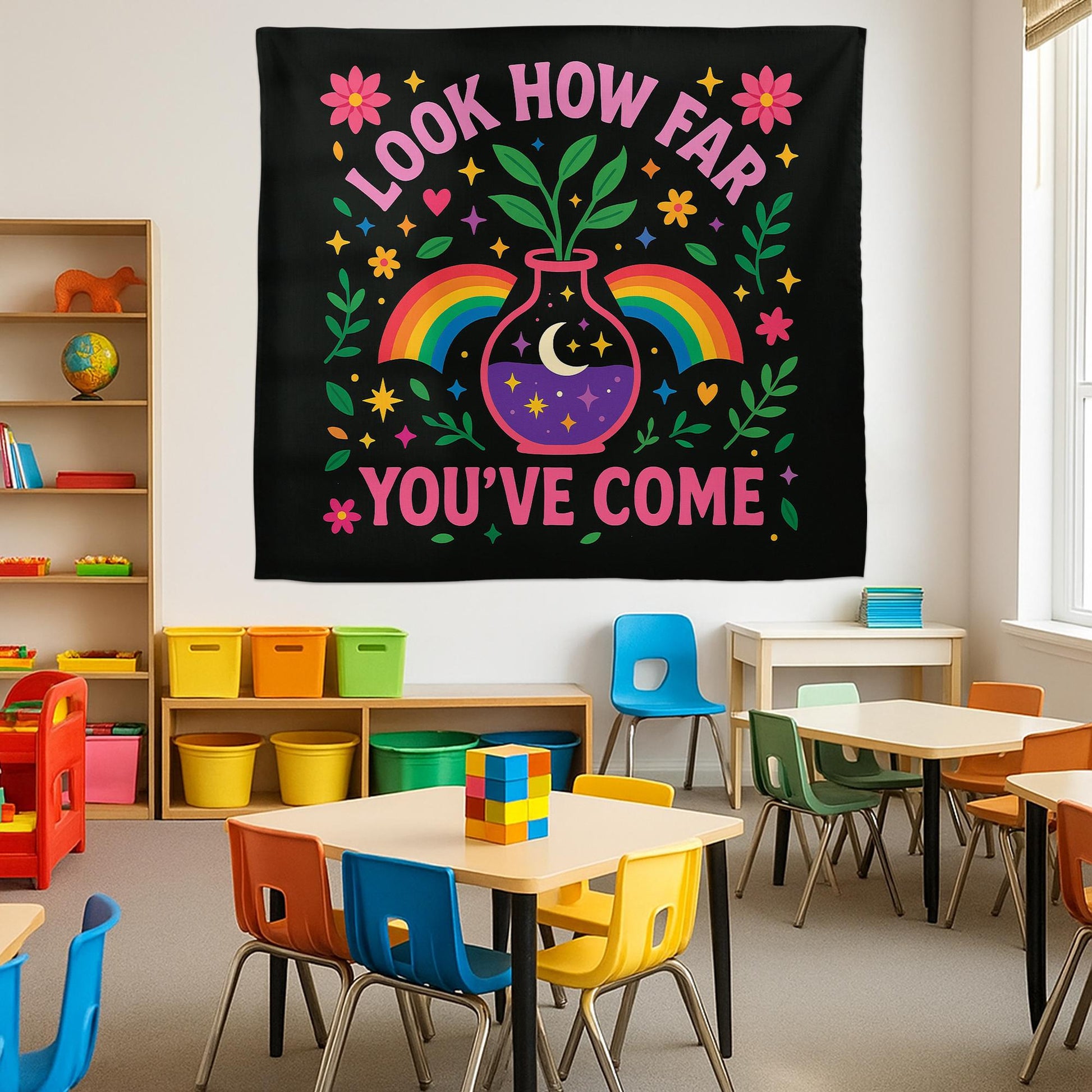 Inspirational Tapestry, Look How Far You’ve Come Wall Art, Motivational Classroom Banner, Rainbow Positive Decor for Teachers