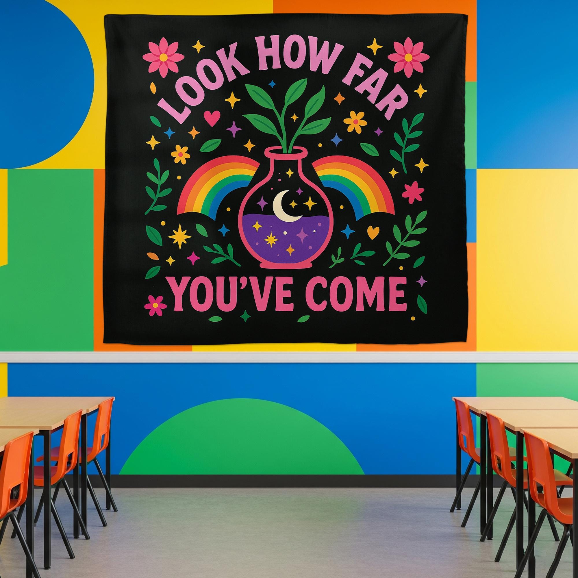 Inspirational Tapestry, Look How Far You’ve Come Wall Art, Motivational Classroom Banner, Rainbow Positive Decor for Teachers