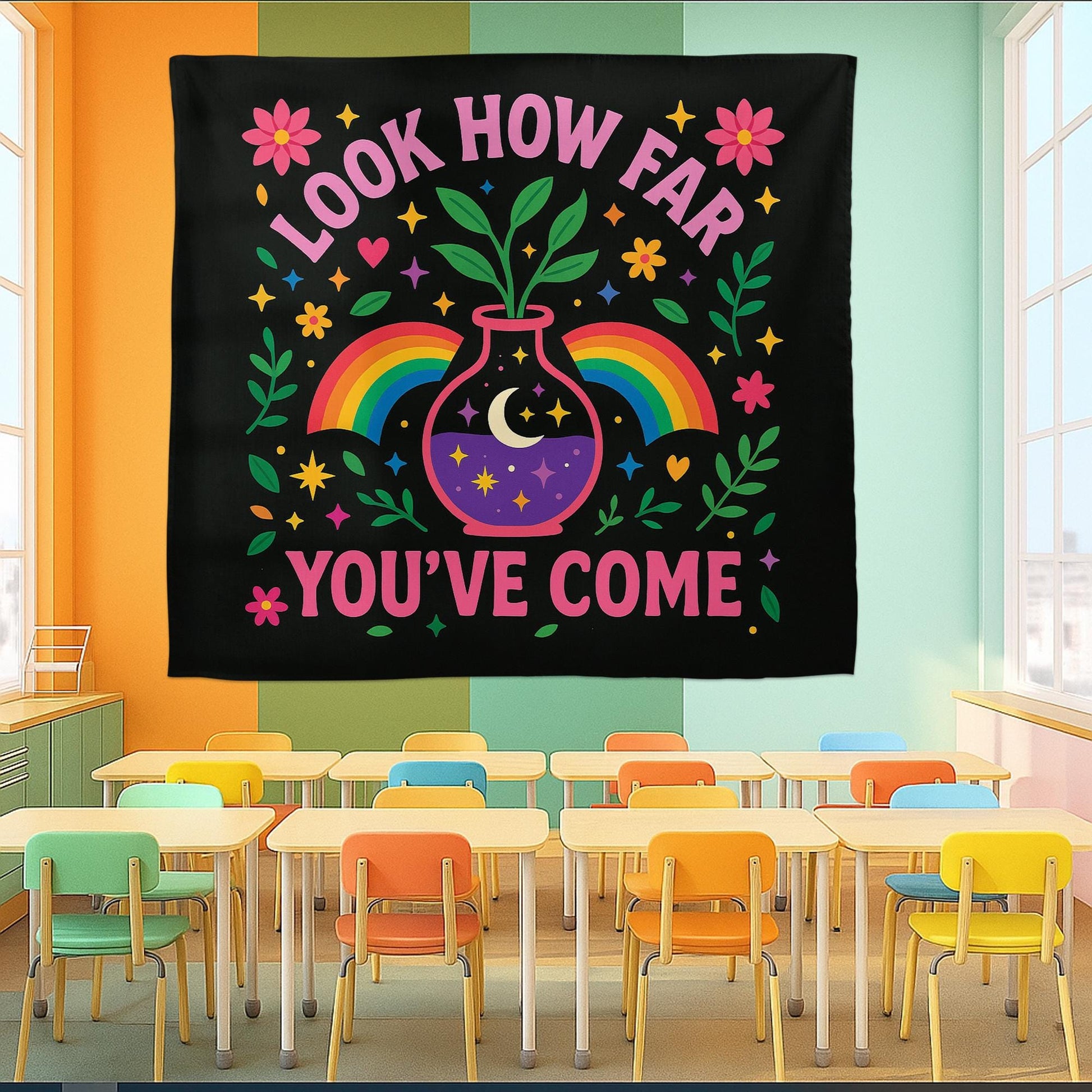 Inspirational Tapestry, Look How Far You’ve Come Wall Art, Motivational Classroom Banner, Rainbow Positive Decor for Teachers