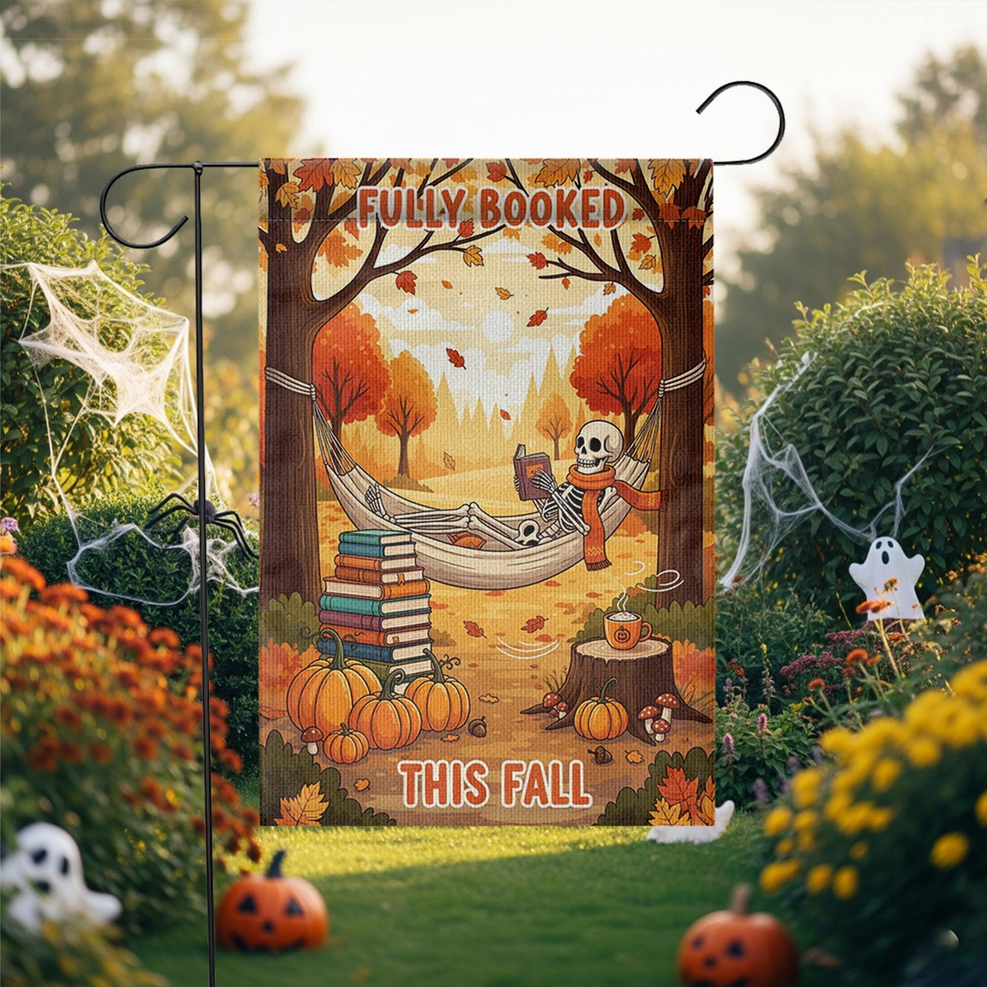 Fully Booked This Fall Garden Flag – Funny Autumn Reading Skeleton Decor – Cozy Halloween Book Lover Yard Sign with Pumpkins & Hammock