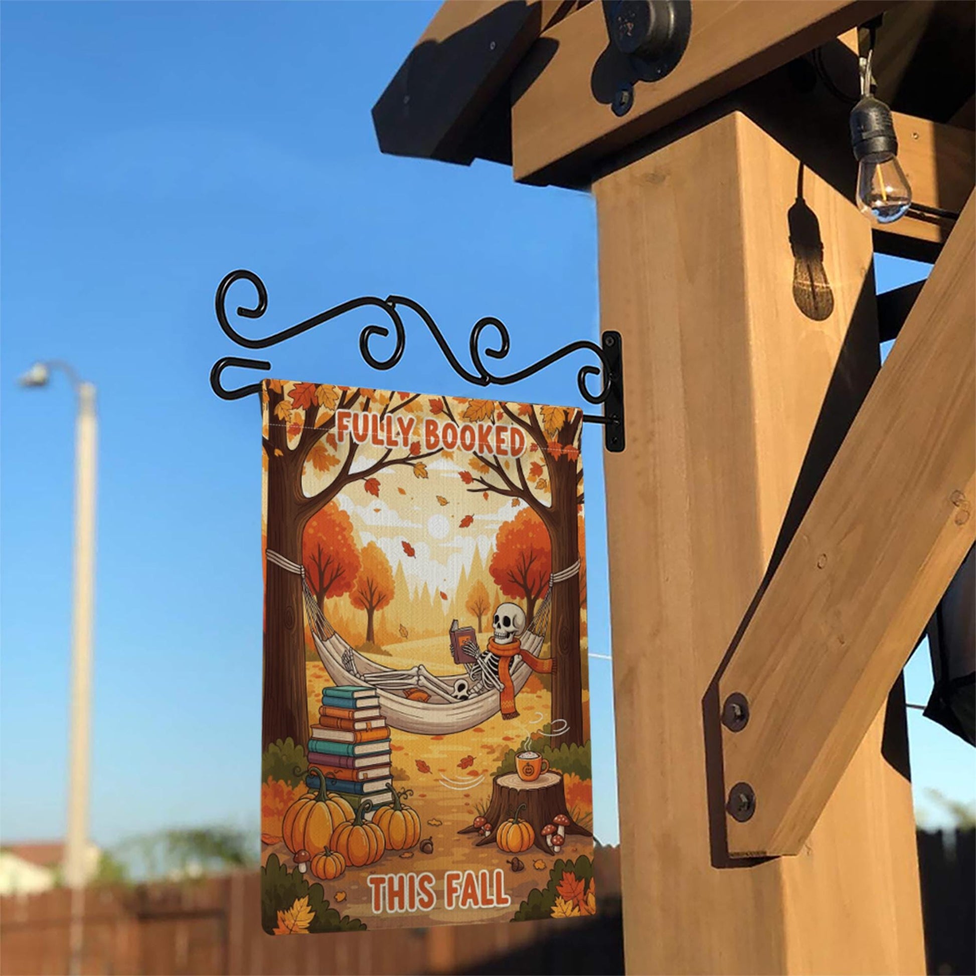 Fully Booked This Fall Garden Flag – Funny Autumn Reading Skeleton Decor – Cozy Halloween Book Lover Yard Sign with Pumpkins & Hammock