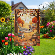 Fully Booked This Fall Garden Flag – Funny Autumn Reading Skeleton Decor – Cozy Halloween Book Lover Yard Sign with Pumpkins & Hammock