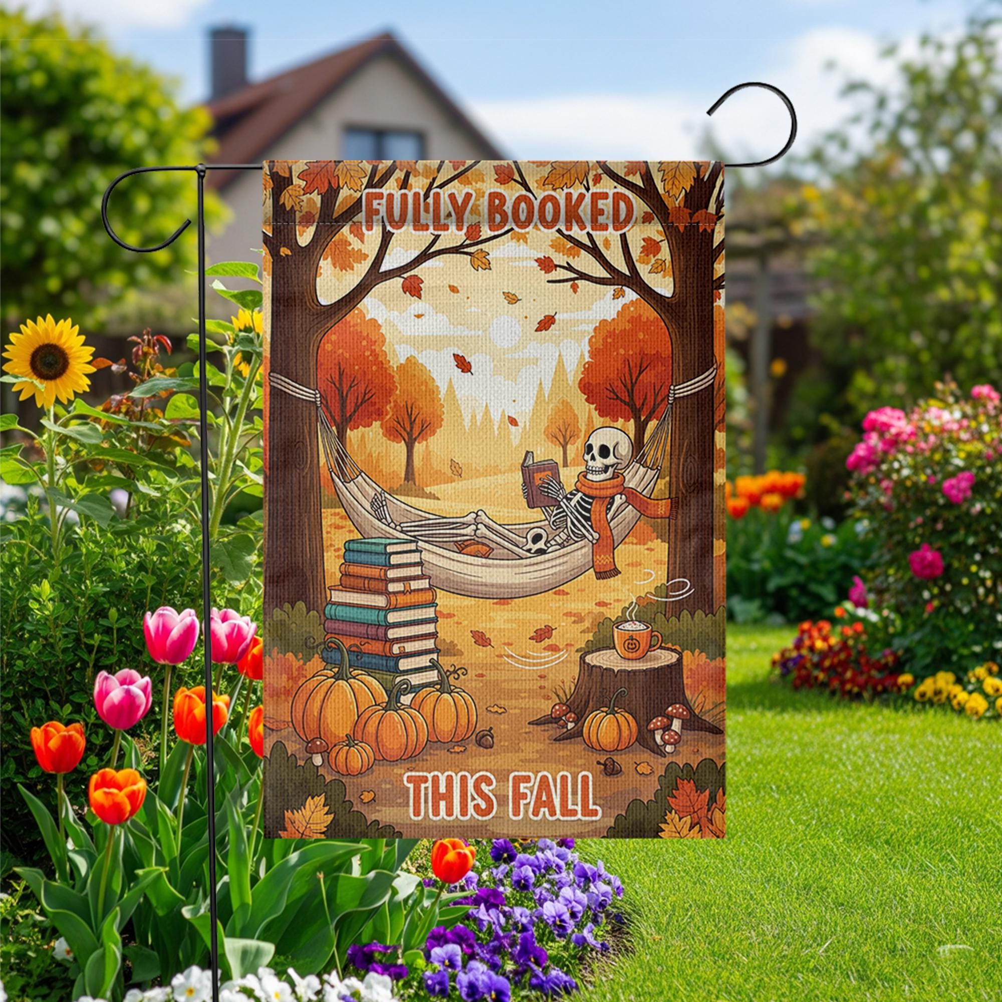 Fully Booked This Fall Garden Flag – Funny Autumn Reading Skeleton Decor – Cozy Halloween Book Lover Yard Sign with Pumpkins & Hammock