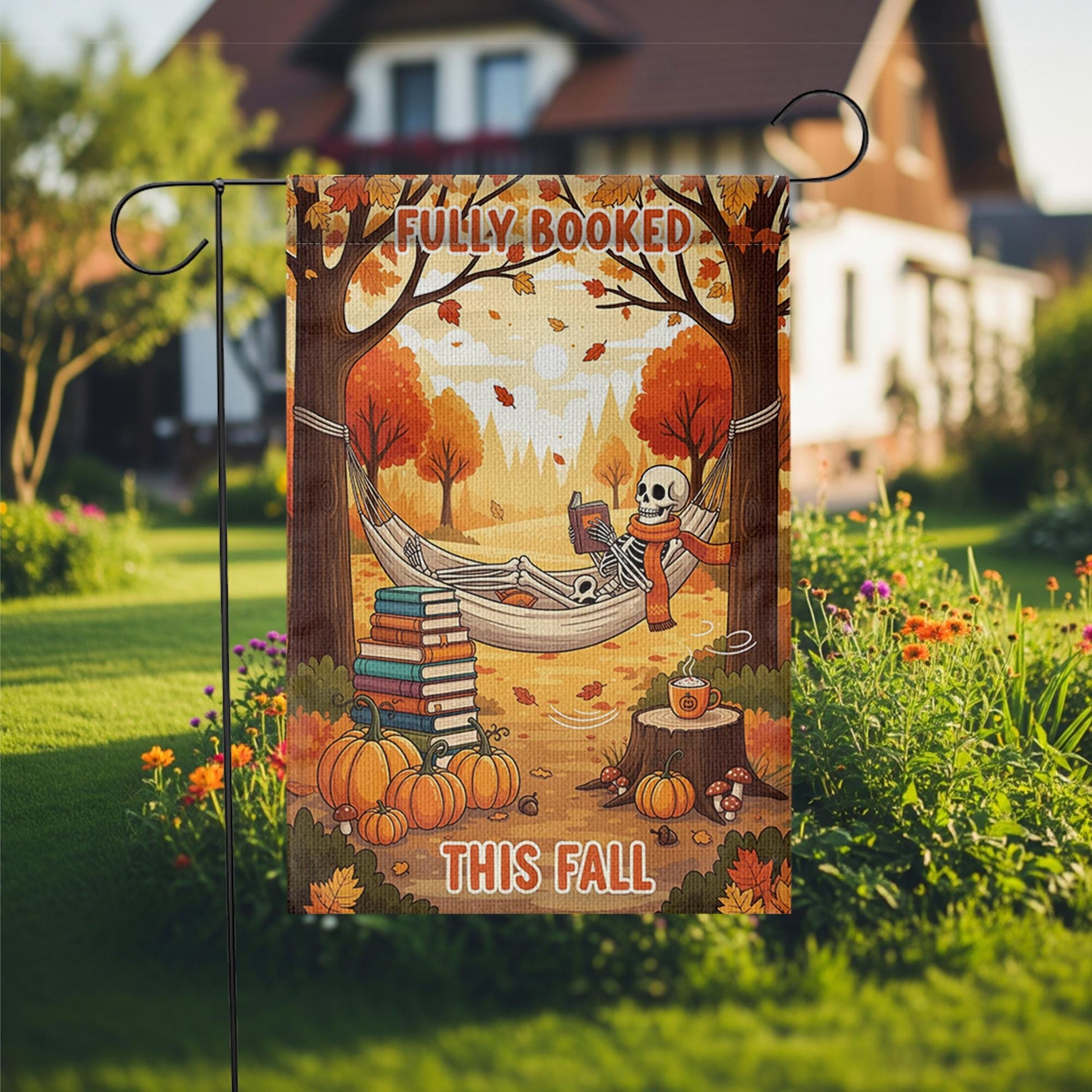 Fully Booked This Fall Garden Flag – Funny Autumn Reading Skeleton Decor – Cozy Halloween Book Lover Yard Sign with Pumpkins & Hammock