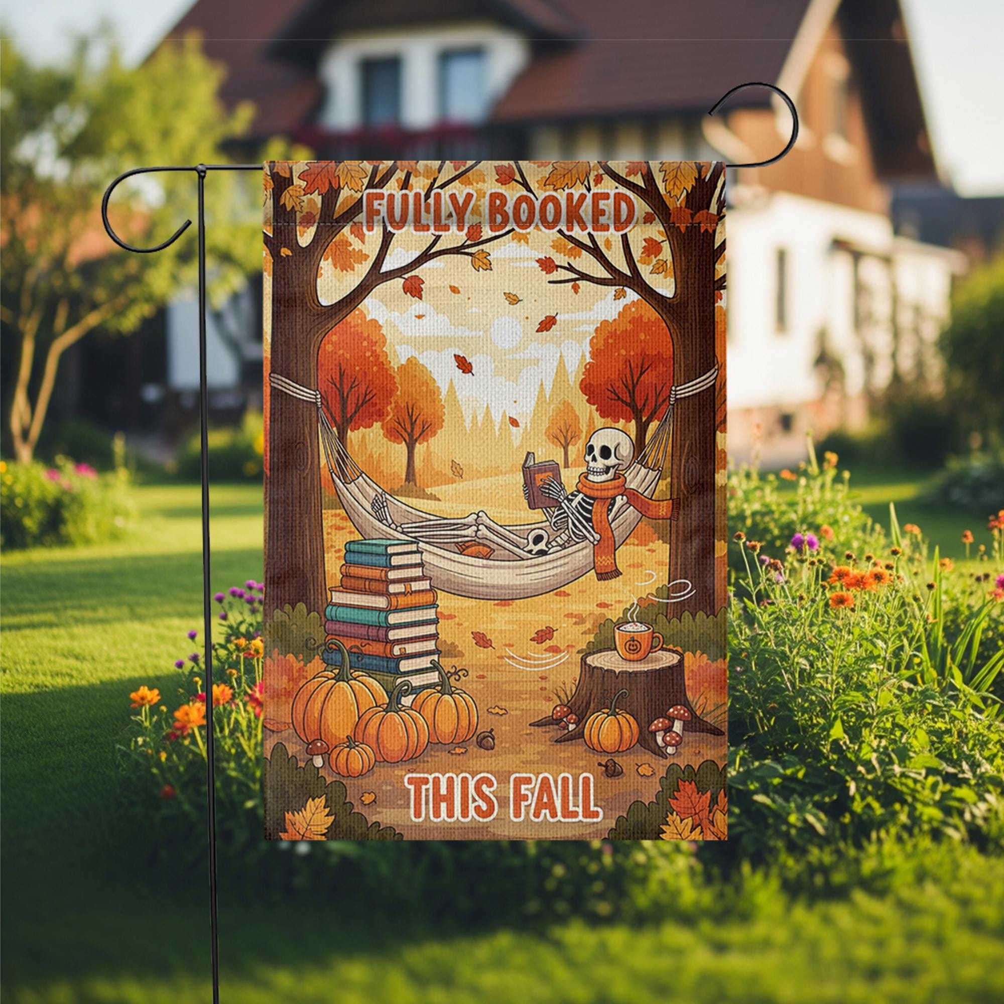 Fully Booked This Fall Garden Flag – Funny Autumn Reading Skeleton Decor – Cozy Halloween Book Lover Yard Sign with Pumpkins & Hammock