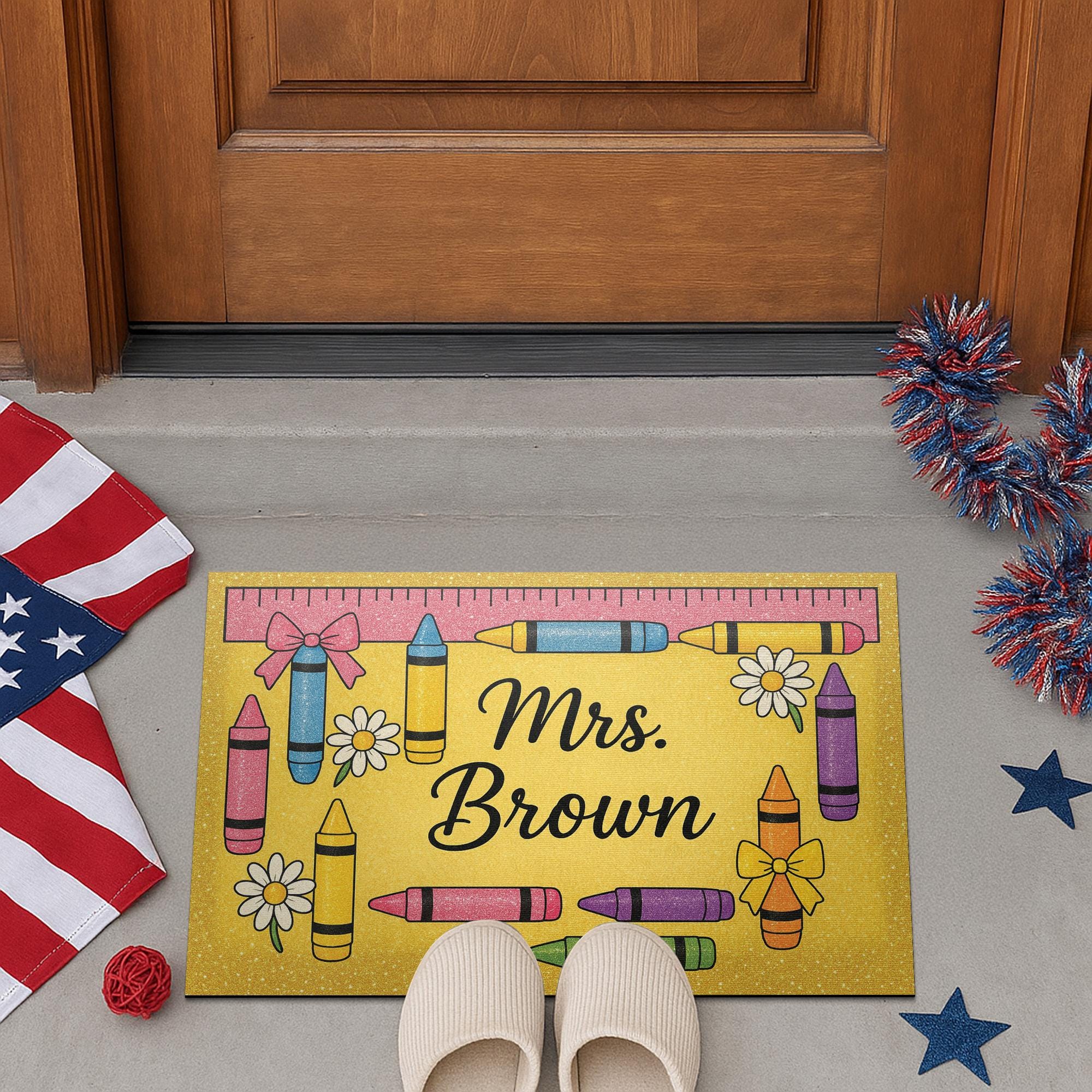 Personalized Teacher Doormat, Crayon Classroom Rug, Back to School Welcome Mat, Custom Name Preschool Door Decor, Teacher Gift