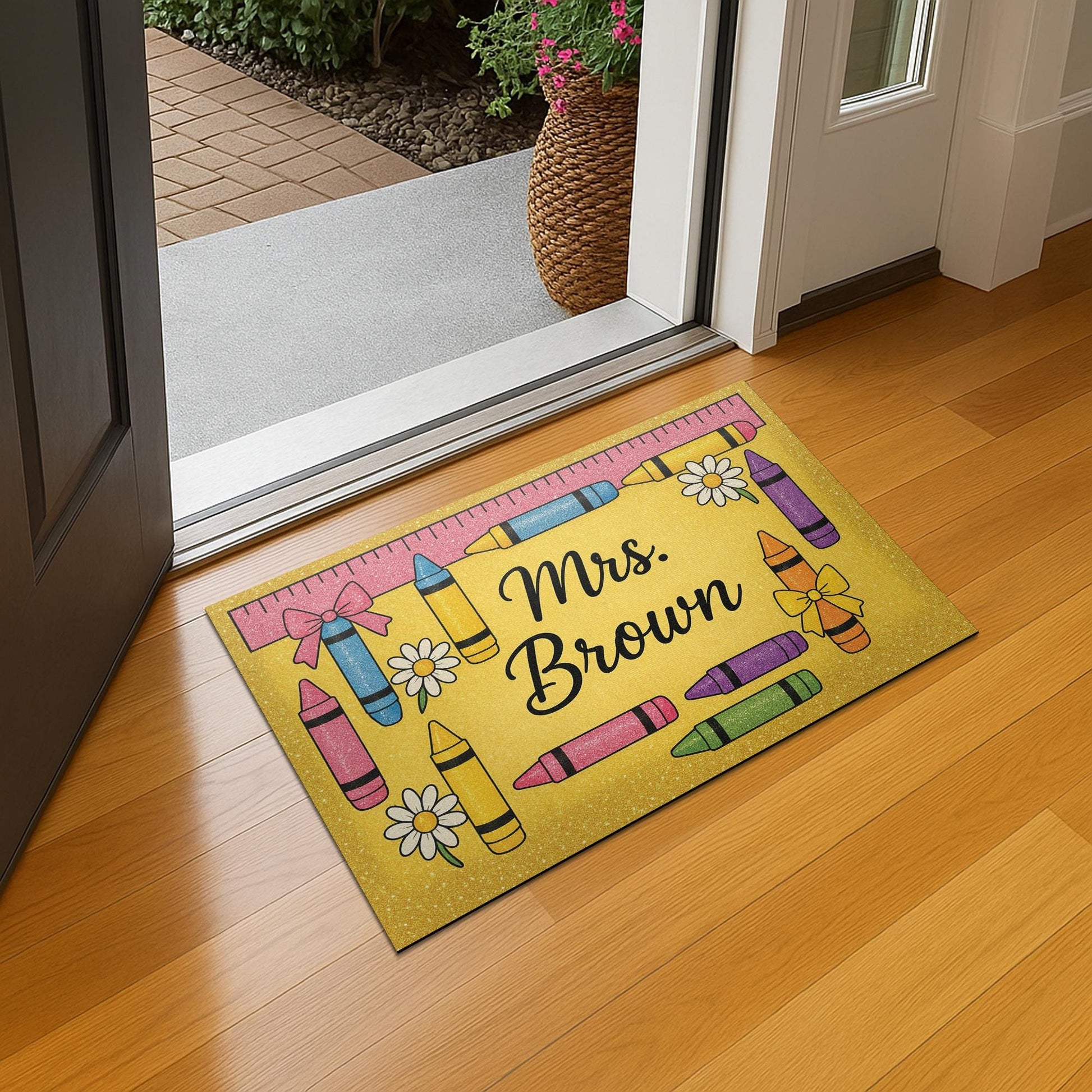 Personalized Teacher Doormat, Crayon Classroom Rug, Back to School Welcome Mat, Custom Name Preschool Door Decor, Teacher Gift