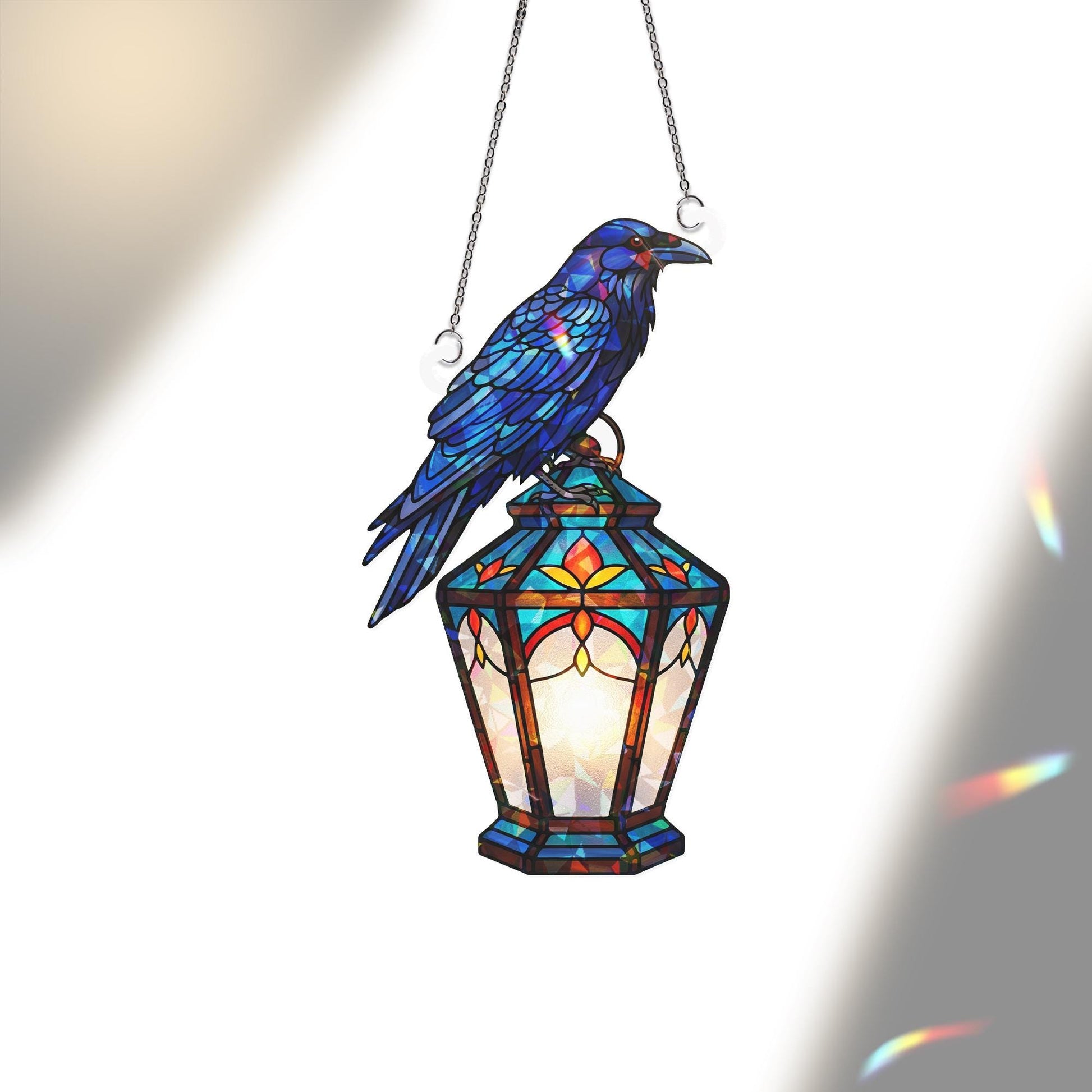 Raven Hologram Ornament – Gothic Crow on Lantern ACRYLIC Window Hanging – Dark Bird Decor for Halloween, Fall, or Year-Round Display