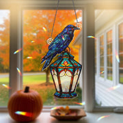 Raven Hologram Ornament – Gothic Crow on Lantern ACRYLIC Window Hanging – Dark Bird Decor for Halloween, Fall, or Year-Round Display