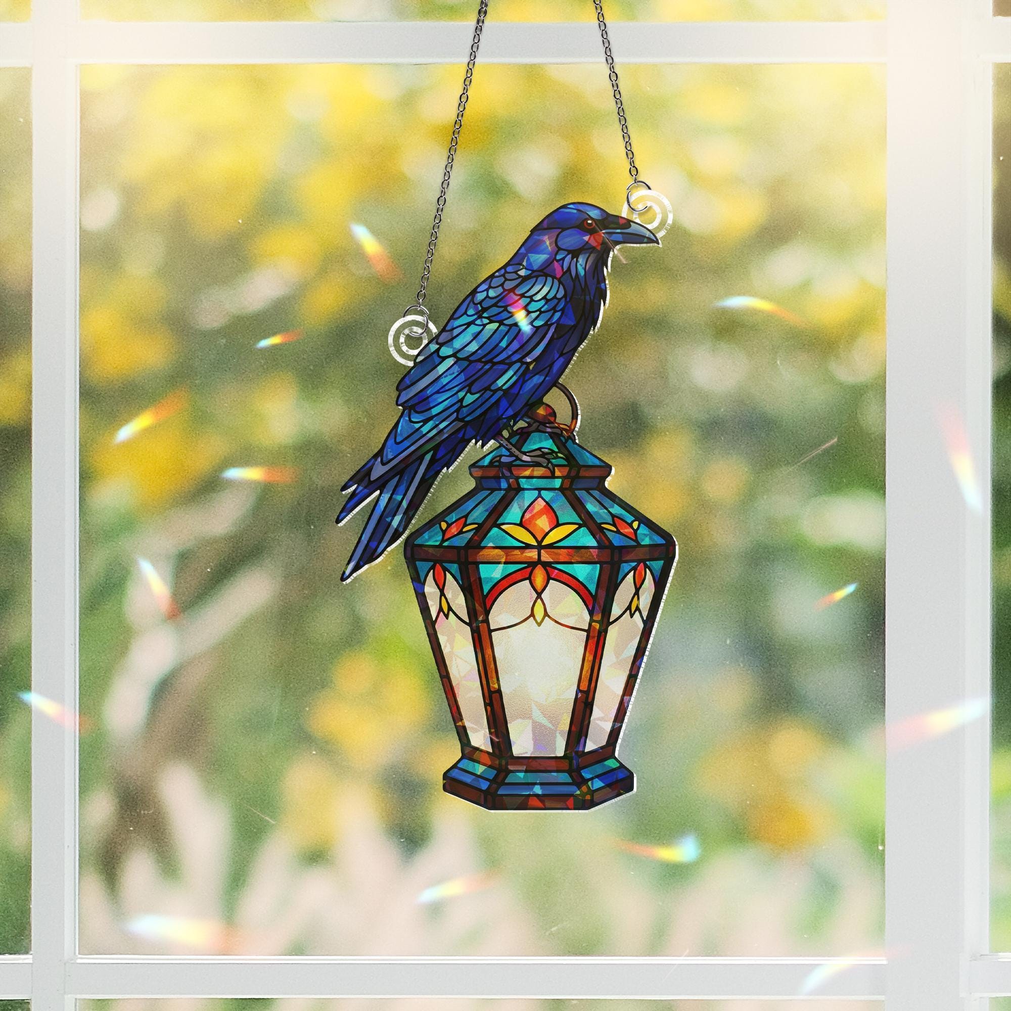 Raven Hologram Ornament – Gothic Crow on Lantern ACRYLIC Window Hanging – Dark Bird Decor for Halloween, Fall, or Year-Round Display
