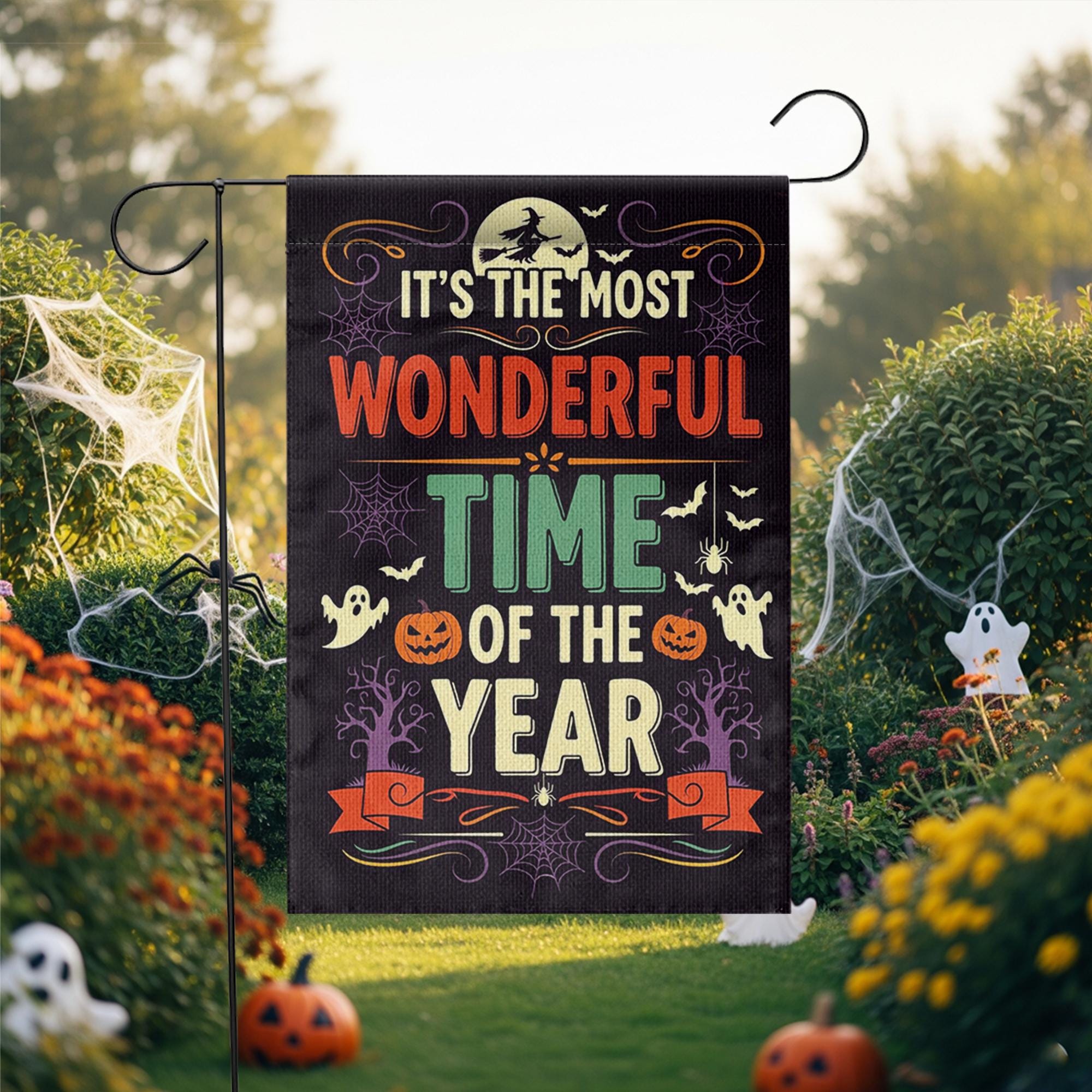 Most Wonderful Time of the Year Halloween Garden Flag – Spooky Fall Yard Decor with Ghosts, Pumpkins, Witches and Bats