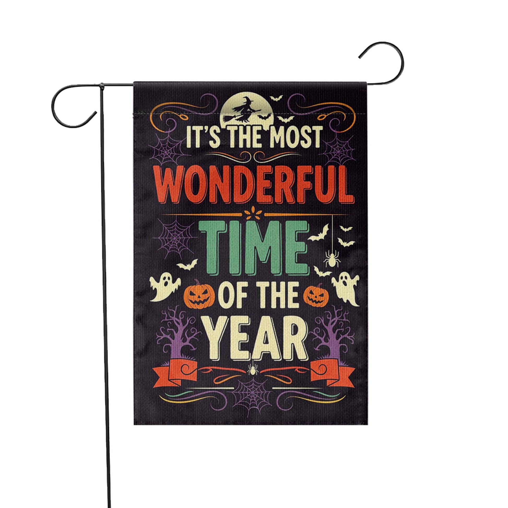 Most Wonderful Time of the Year Halloween Garden Flag – Spooky Fall Yard Decor with Ghosts, Pumpkins, Witches and Bats
