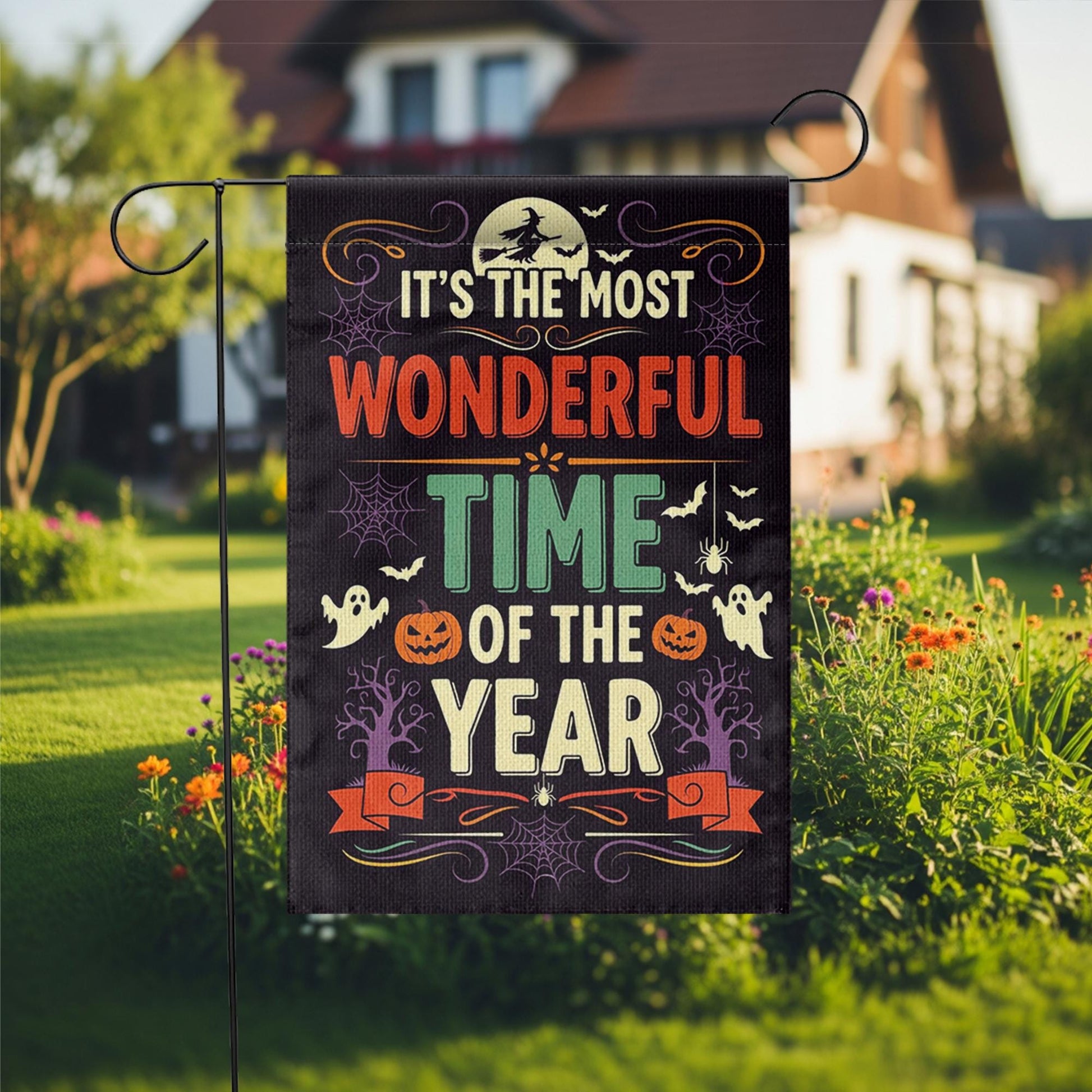 Most Wonderful Time of the Year Halloween Garden Flag – Spooky Fall Yard Decor with Ghosts, Pumpkins, Witches and Bats