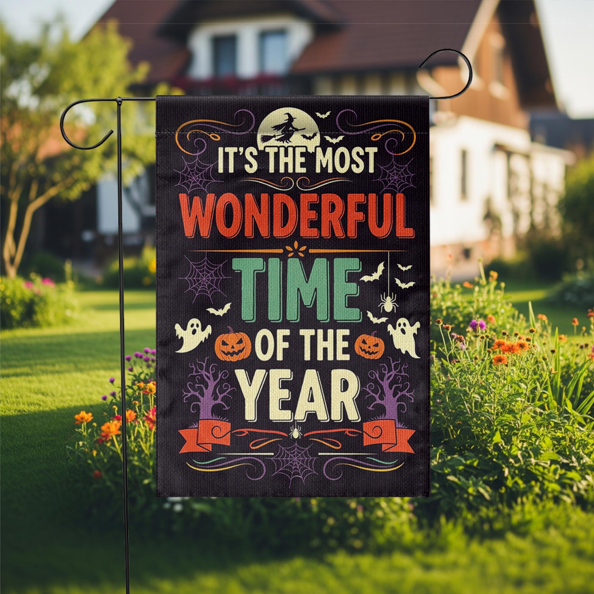 Most Wonderful Time of the Year Halloween Garden Flag – Spooky Fall Yard Decor with Ghosts, Pumpkins, Witches and Bats