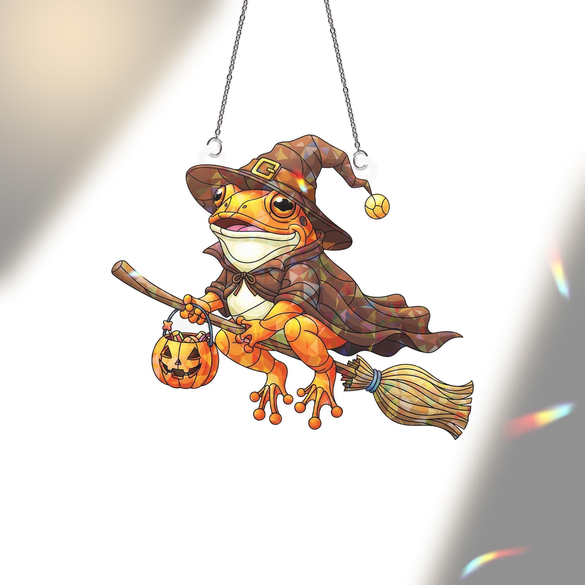 Halloween Witch Frog Hologram Ornament – Halloween Frog Window Hanging with Broom, Pumpkin – Cute Fall Frog Decor for Spooky Season