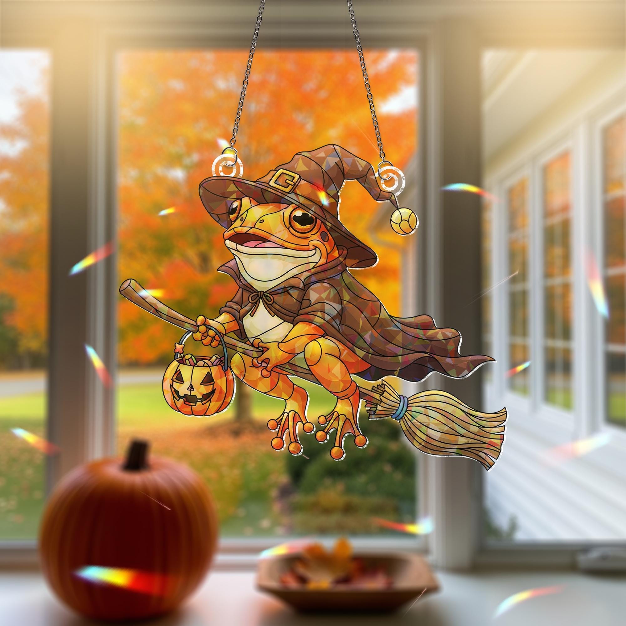 Halloween Witch Frog Hologram Ornament – Halloween Frog Window Hanging with Broom, Pumpkin – Cute Fall Frog Decor for Spooky Season
