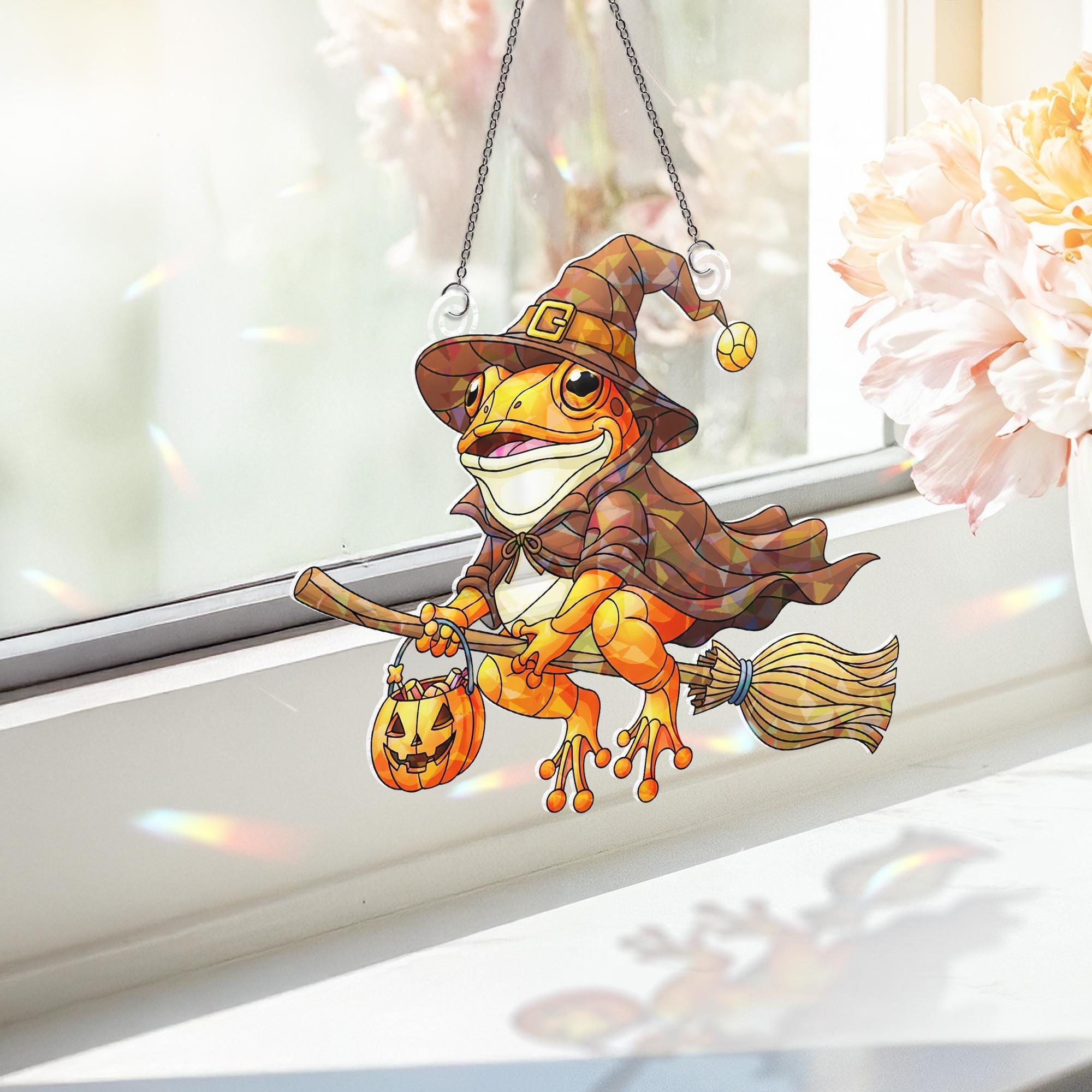 Halloween Witch Frog Hologram Ornament – Halloween Frog Window Hanging with Broom, Pumpkin – Cute Fall Frog Decor for Spooky Season