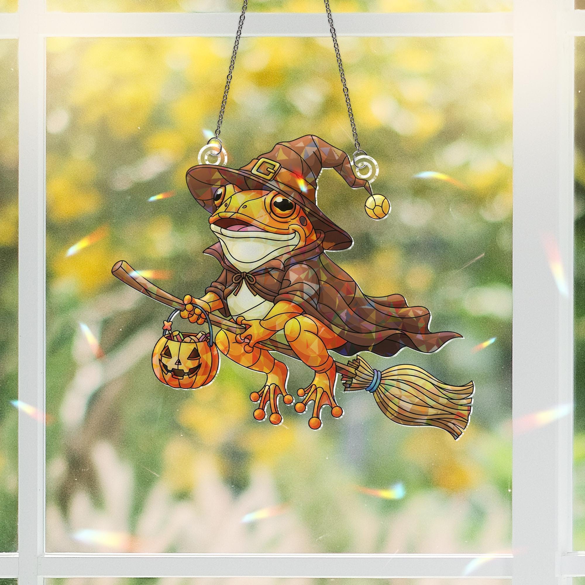 Halloween Witch Frog Hologram Ornament – Halloween Frog Window Hanging with Broom, Pumpkin – Cute Fall Frog Decor for Spooky Season