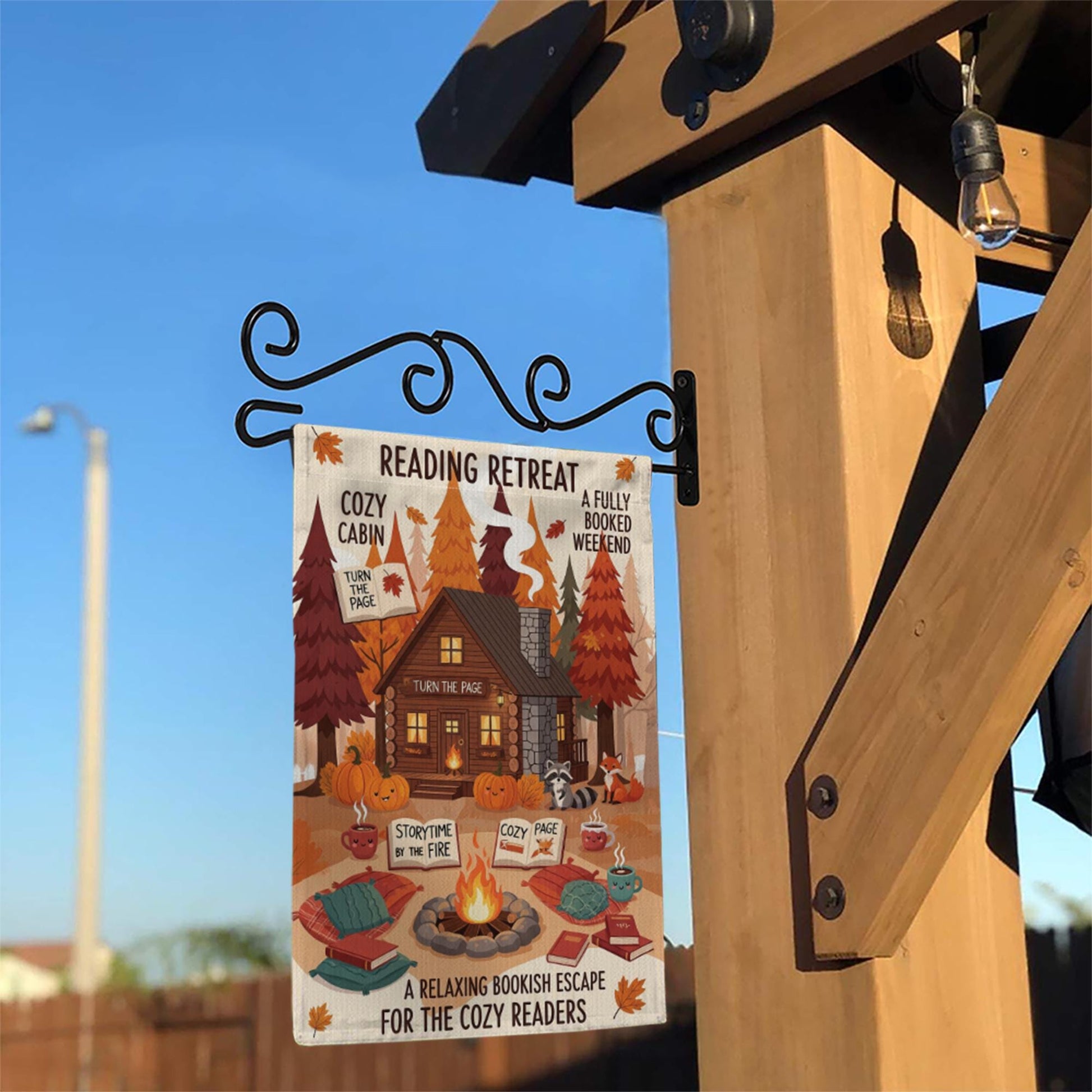Reading Retreat Garden Flag – Cozy Cabin Fall Book Decor with Campfire, Pumpkins & Storytime – Bookish Yard Sign for Autumn Readers