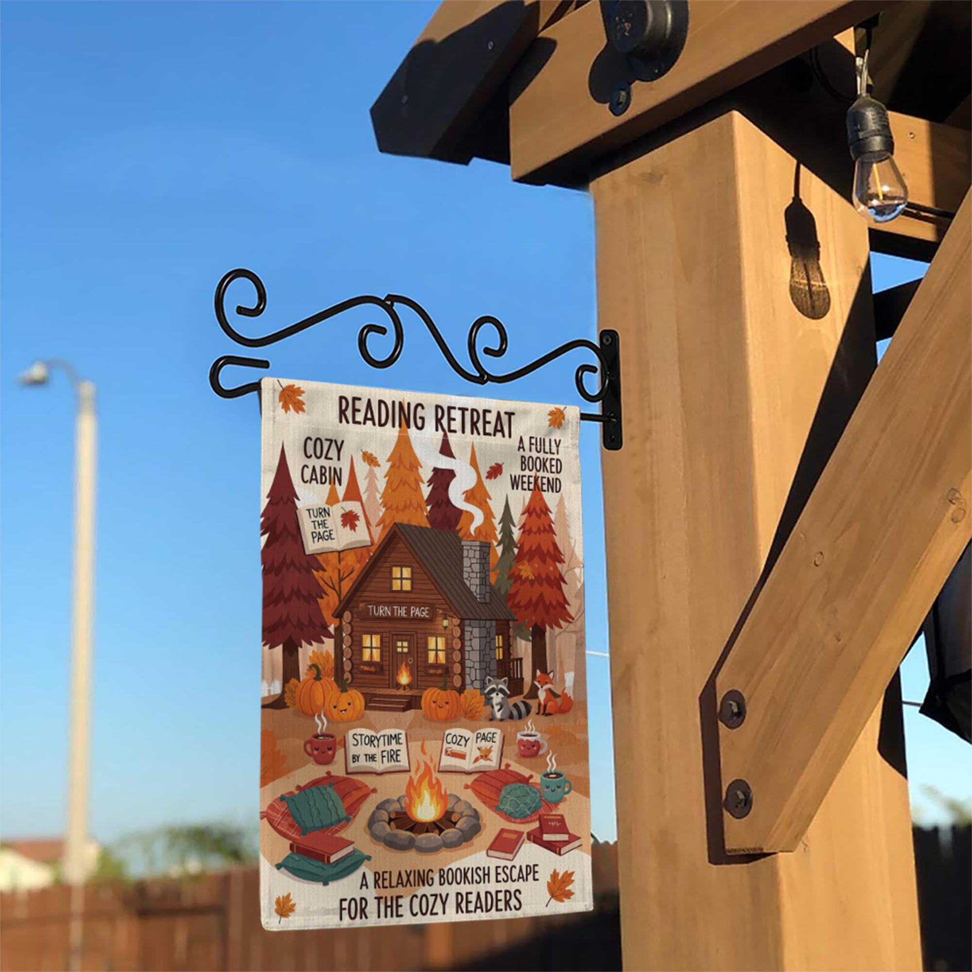 Reading Retreat Garden Flag – Cozy Cabin Fall Book Decor with Campfire, Pumpkins & Storytime – Bookish Yard Sign for Autumn Readers