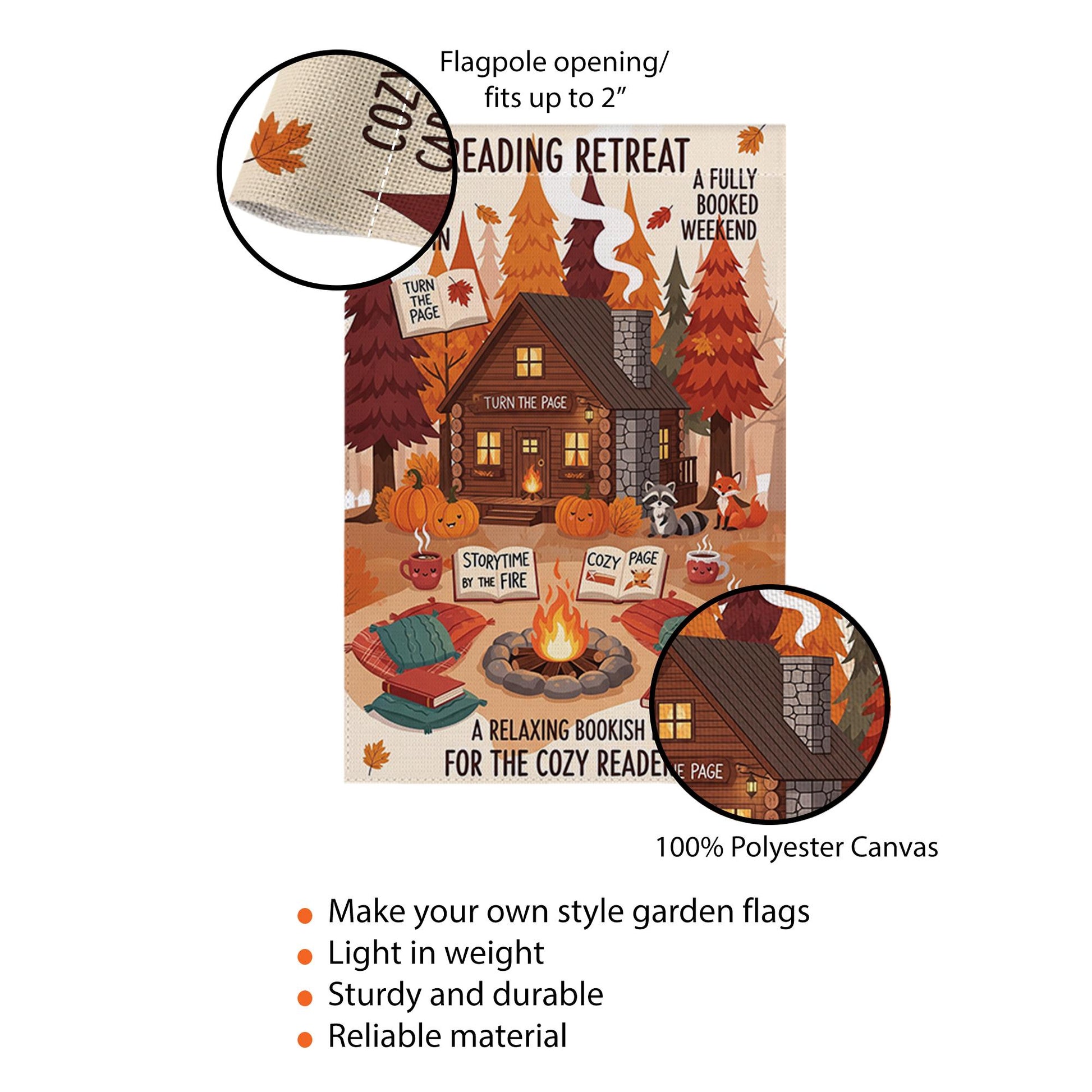 Reading Retreat Garden Flag – Cozy Cabin Fall Book Decor with Campfire, Pumpkins & Storytime – Bookish Yard Sign for Autumn Readers