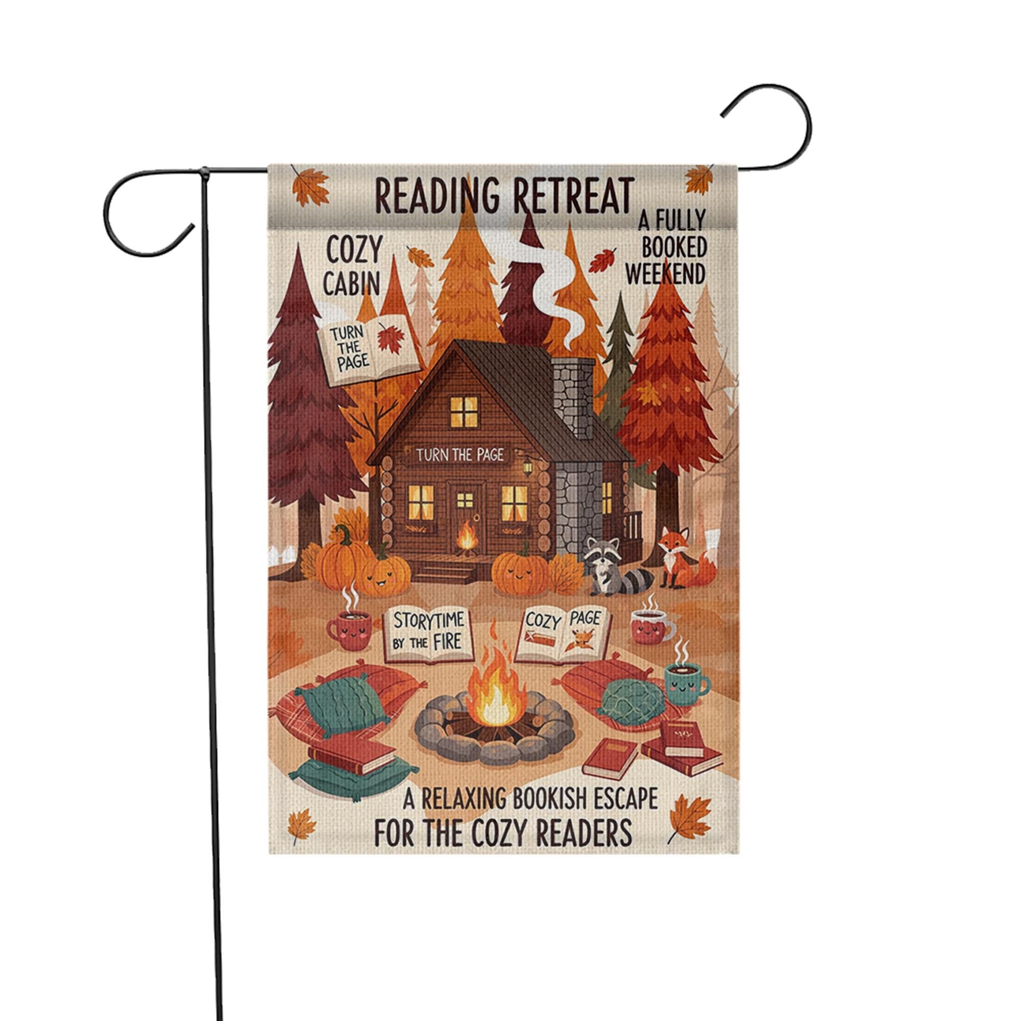 Reading Retreat Garden Flag – Cozy Cabin Fall Book Decor with Campfire, Pumpkins & Storytime – Bookish Yard Sign for Autumn Readers
